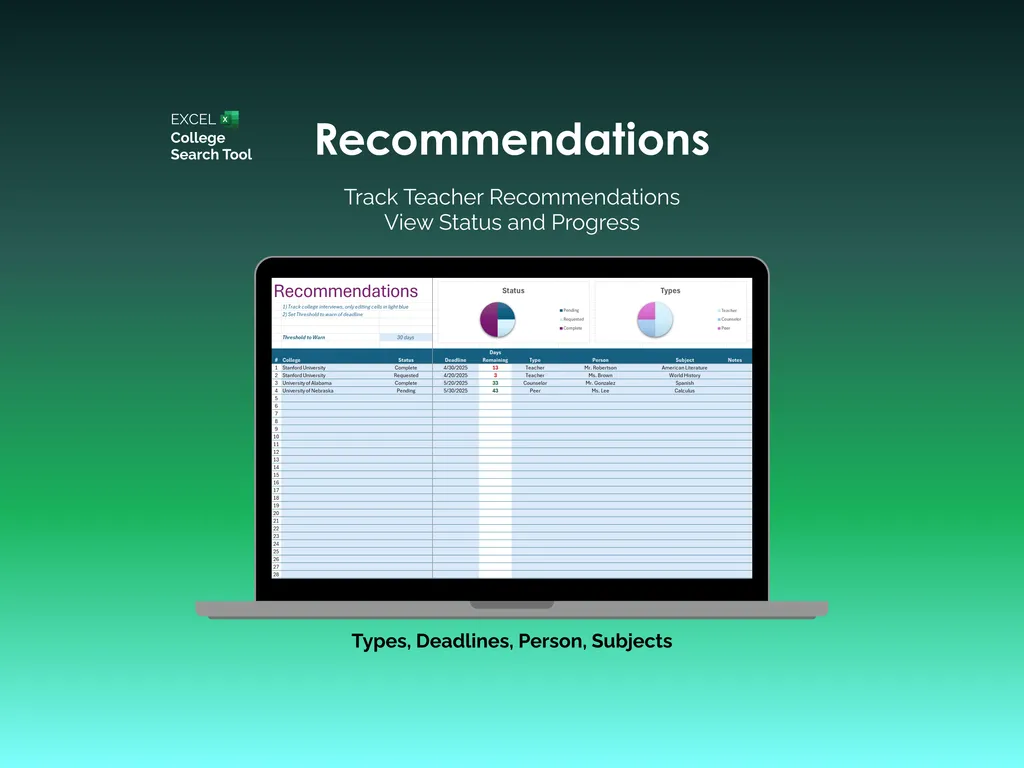 College Search Tool - Excel - Recommendations