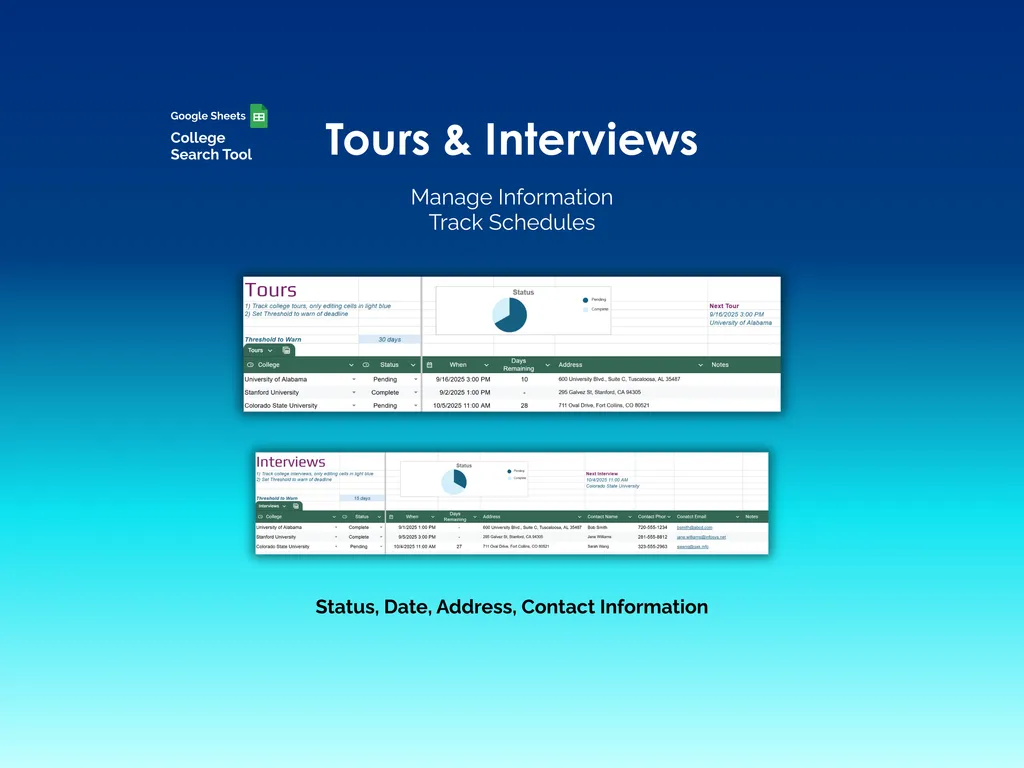 College Search Tool - Sheets - ToursInterviews