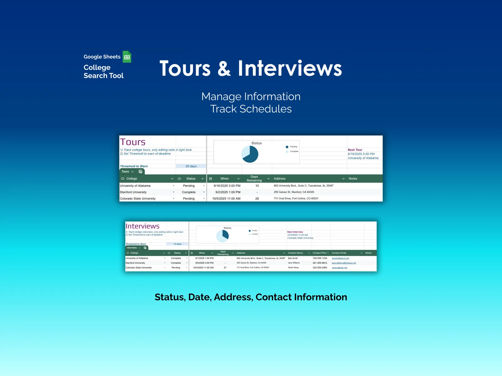 College Search Tool - Sheets - ToursInterviews