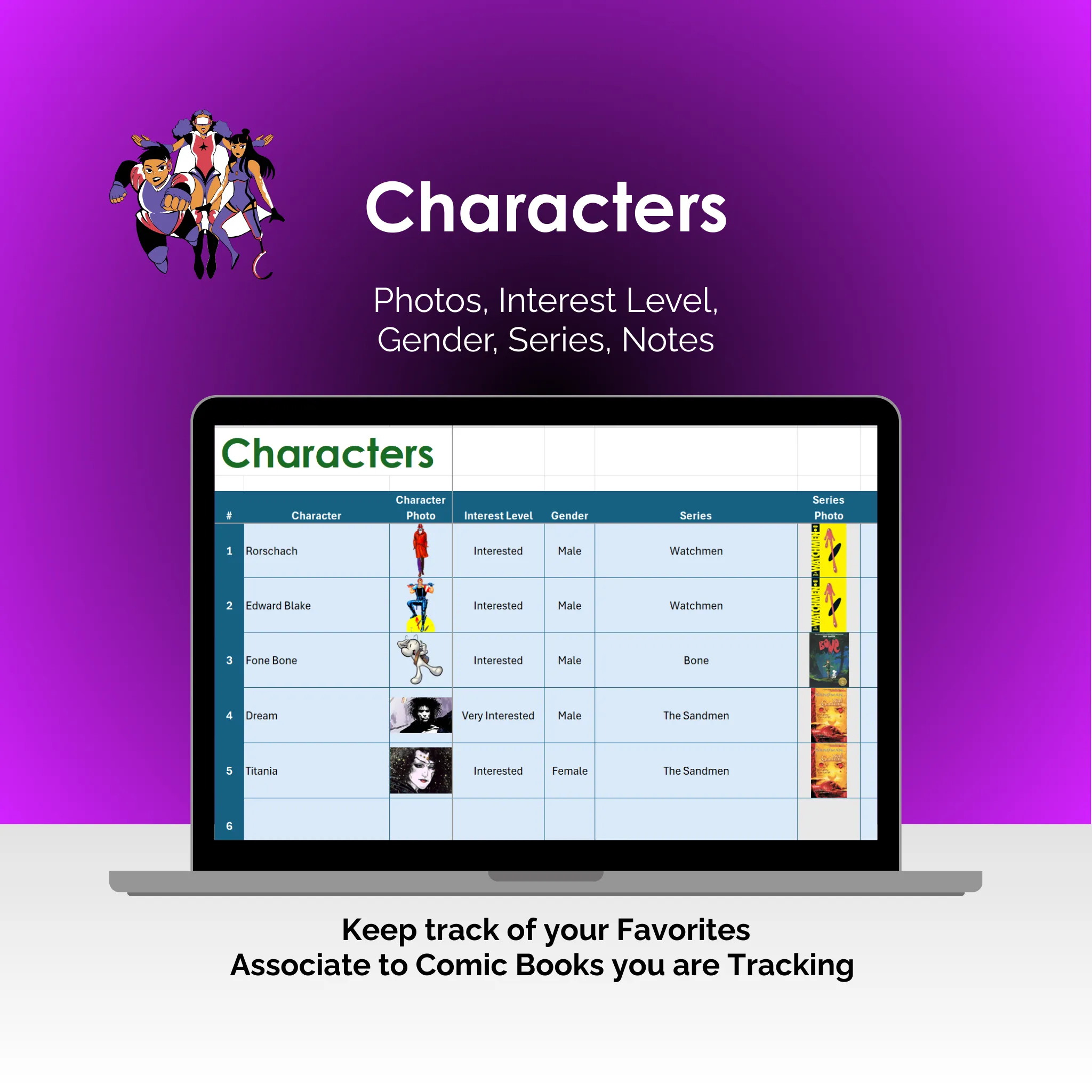 Comic Book Tracker - Excel - Characters