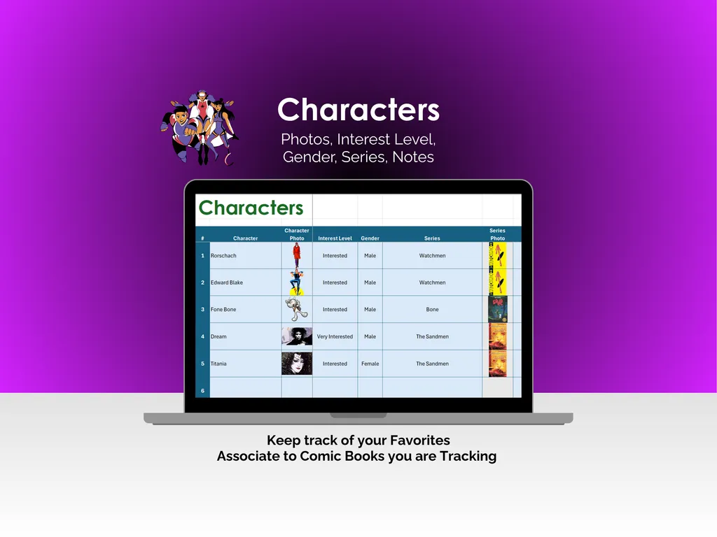 Comic Book Tracker - Excel - Characters