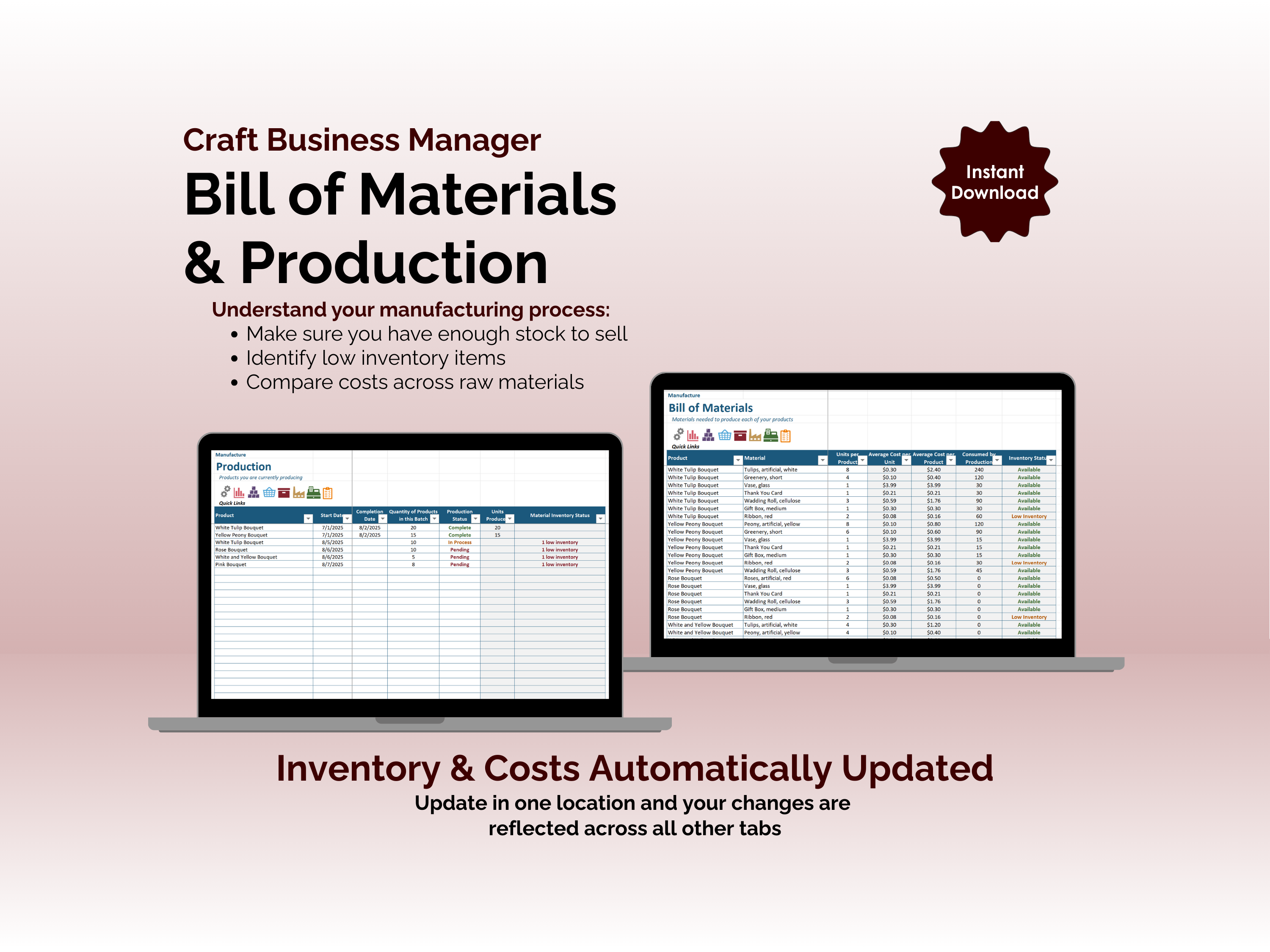 Craft workbook preview showing a White Tulip Bouquet bill of materials, component costs, batch quantities, and low-inventory flags