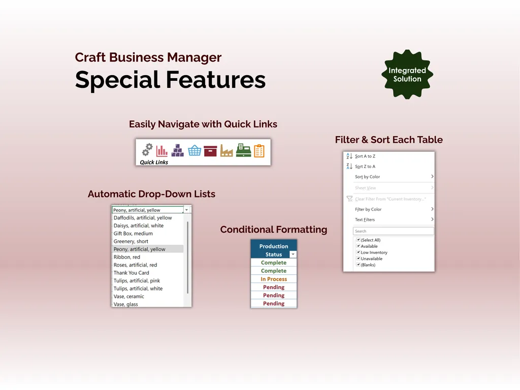 Craft Business Manager - Excel - Special Features