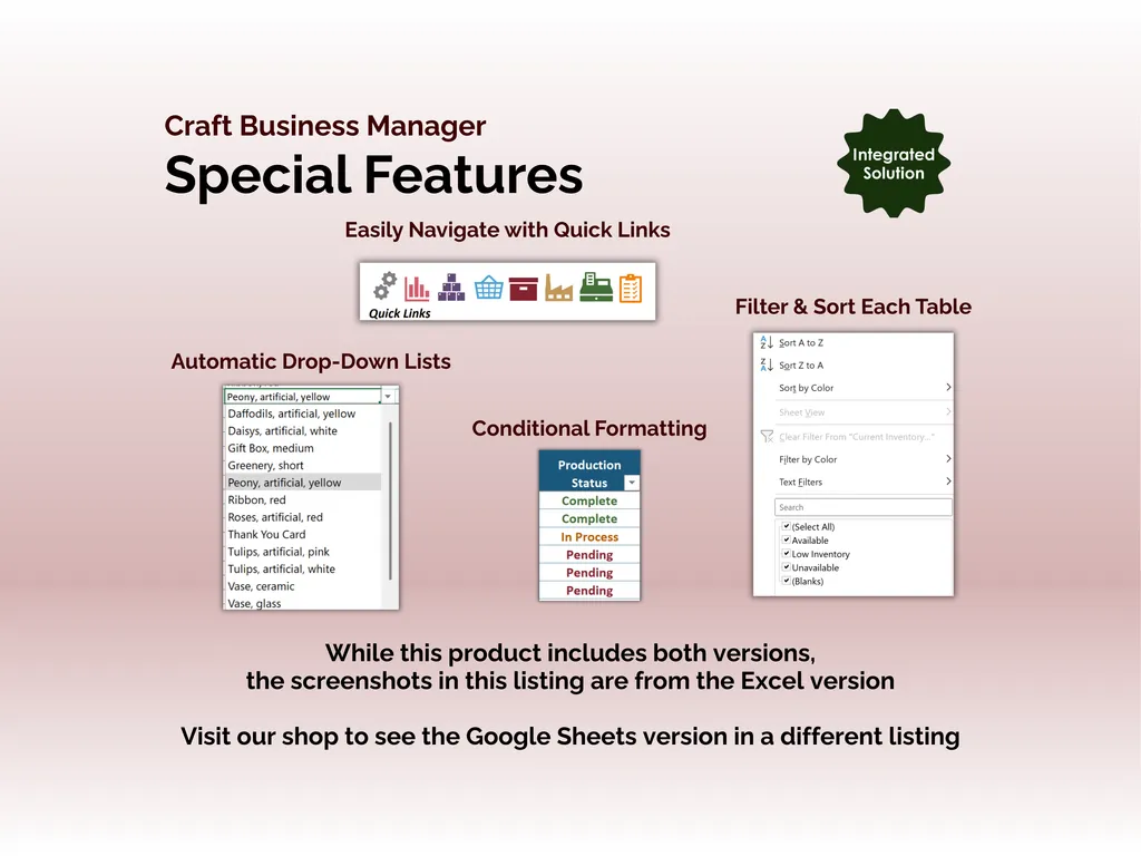 Craft Business Manager - Excel - Special Features