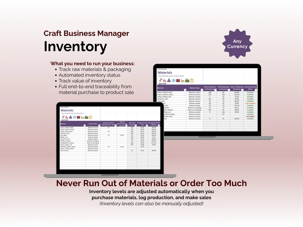 Craft Business Manager - Excel - Inventory