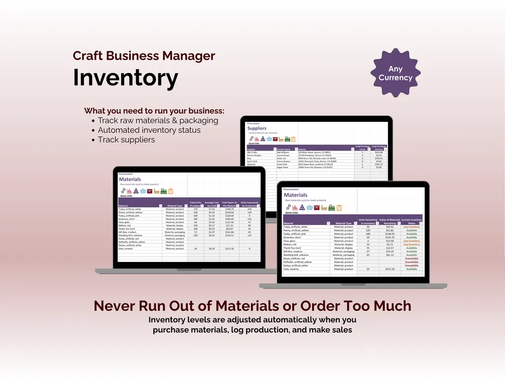 Craft Business Manager - Excel - Inventory
