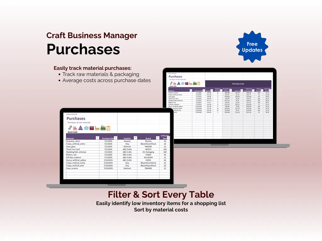 Craft Business Manager - Excel - Purchases