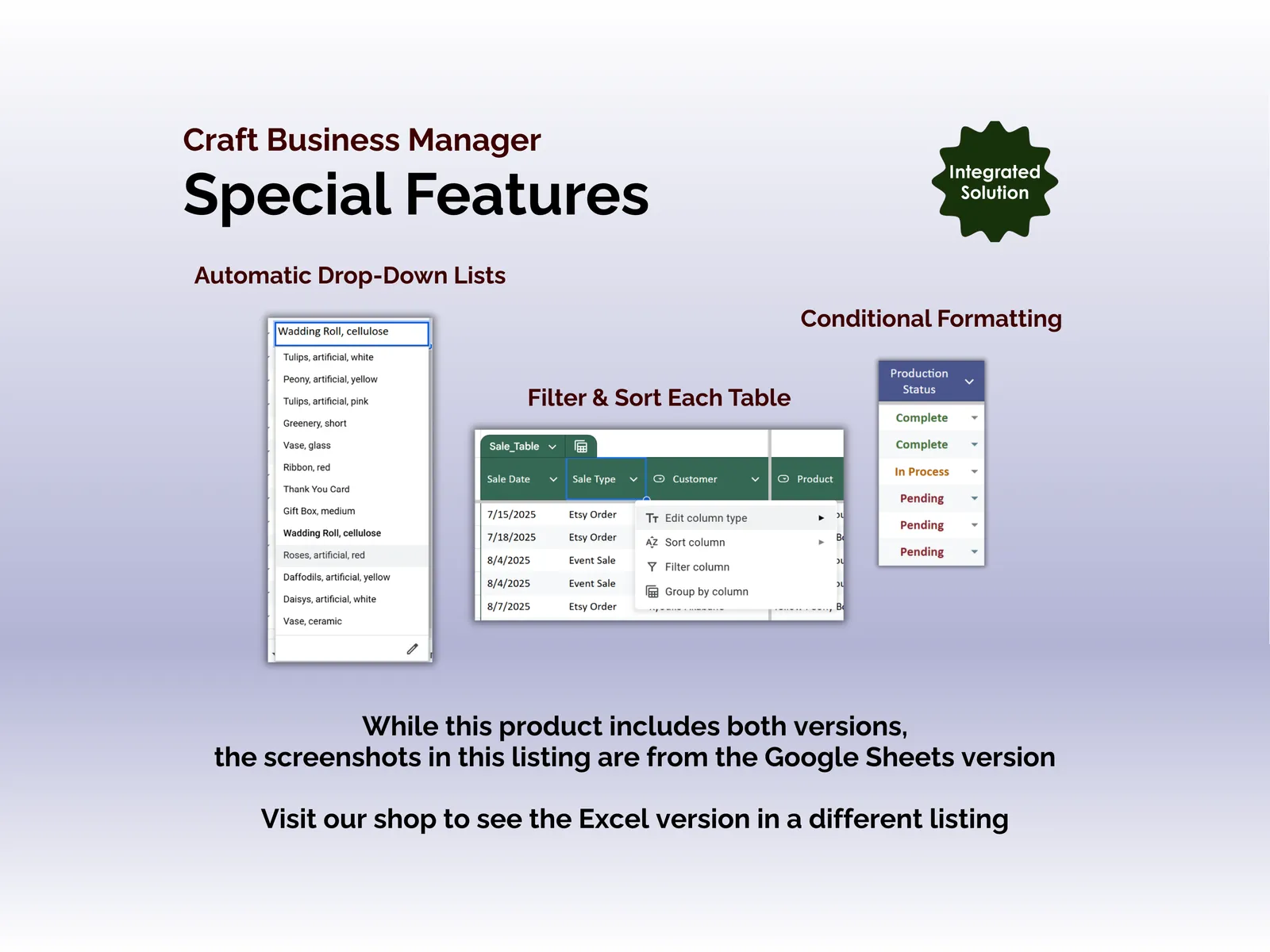 Craft Business Manager - Sheets - Special Features