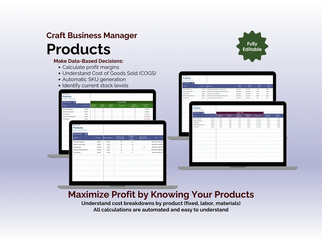 Craft Business Manager - Sheets - Products
