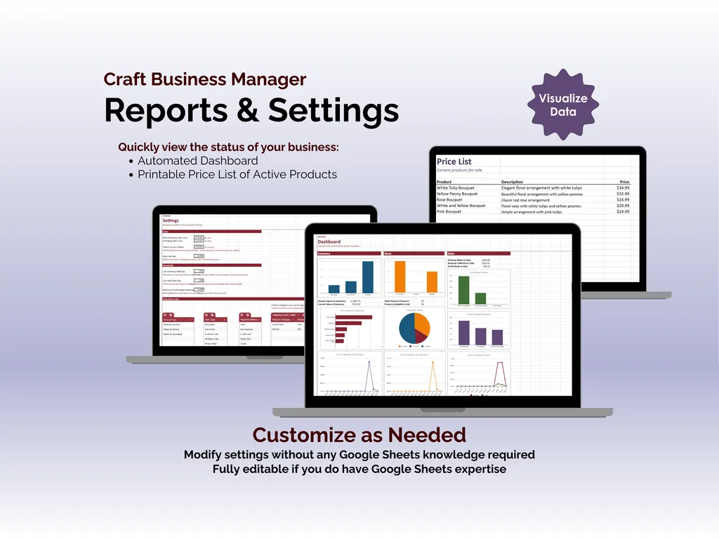 Craft Business Manager - Sheets - Reports and Settings