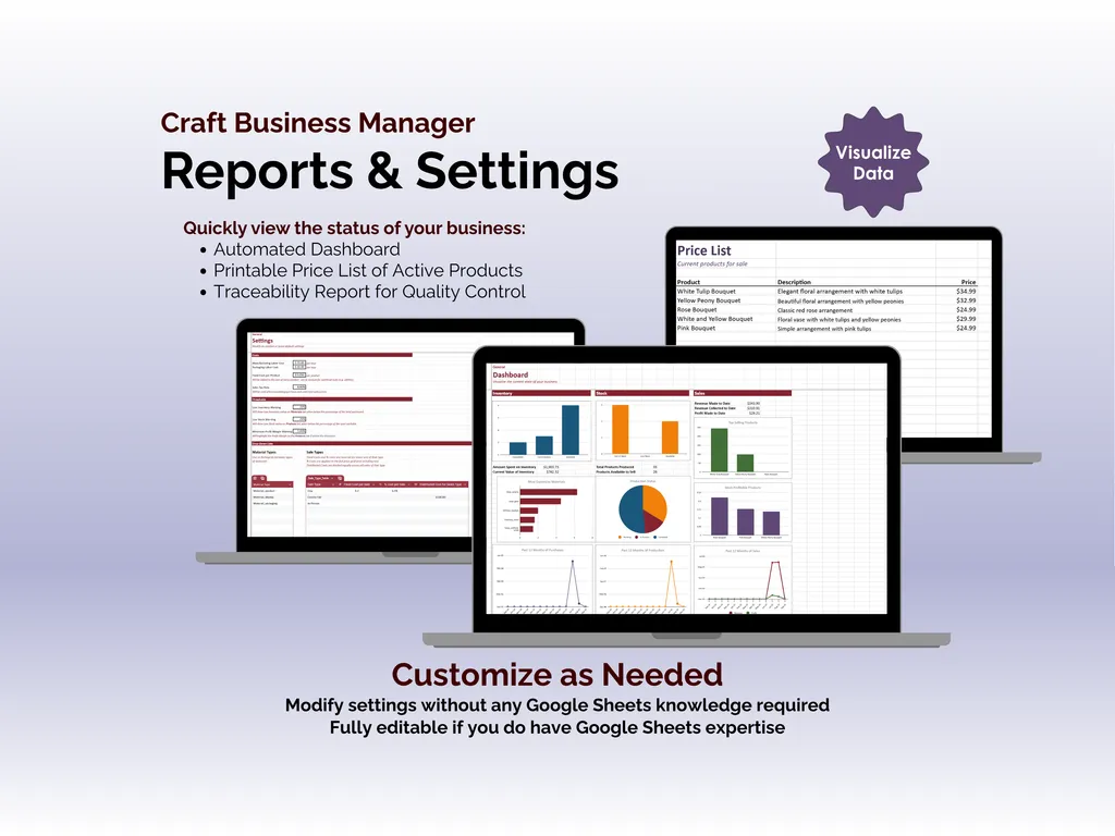 Craft Business Manager - Sheets - Reports and Settings