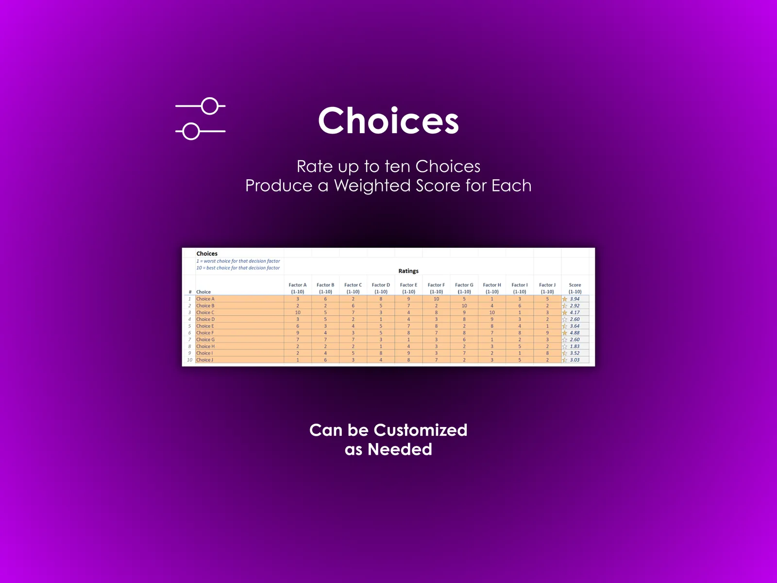 Decision Helper - Excel - Choices