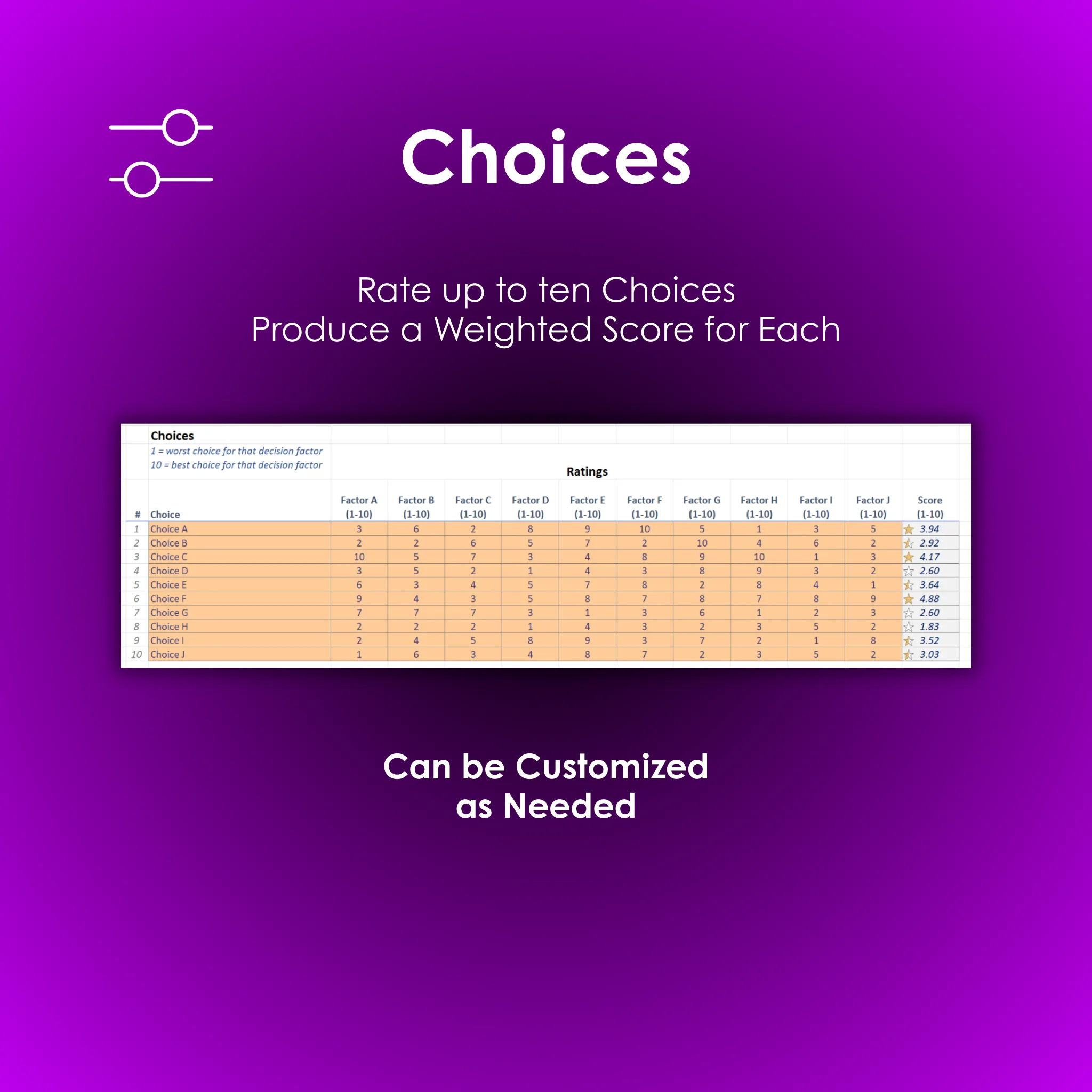 Decision Helper - Excel - Choices