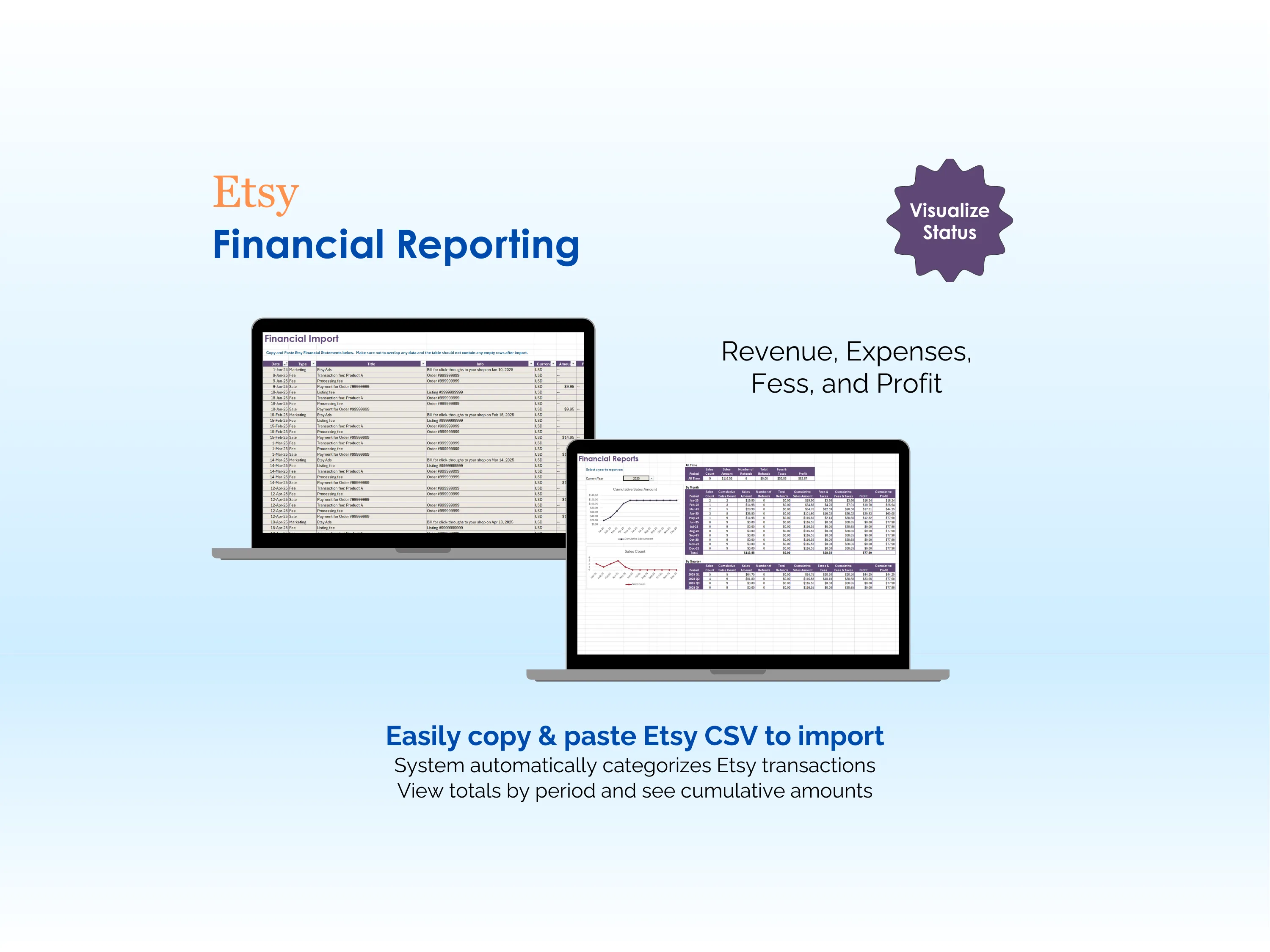 Etsy Financial Tool - Excel - Financial Reporting - Revenue, Expenses, Fees, and Profit - Easily copy and paste Etsy CSV to import