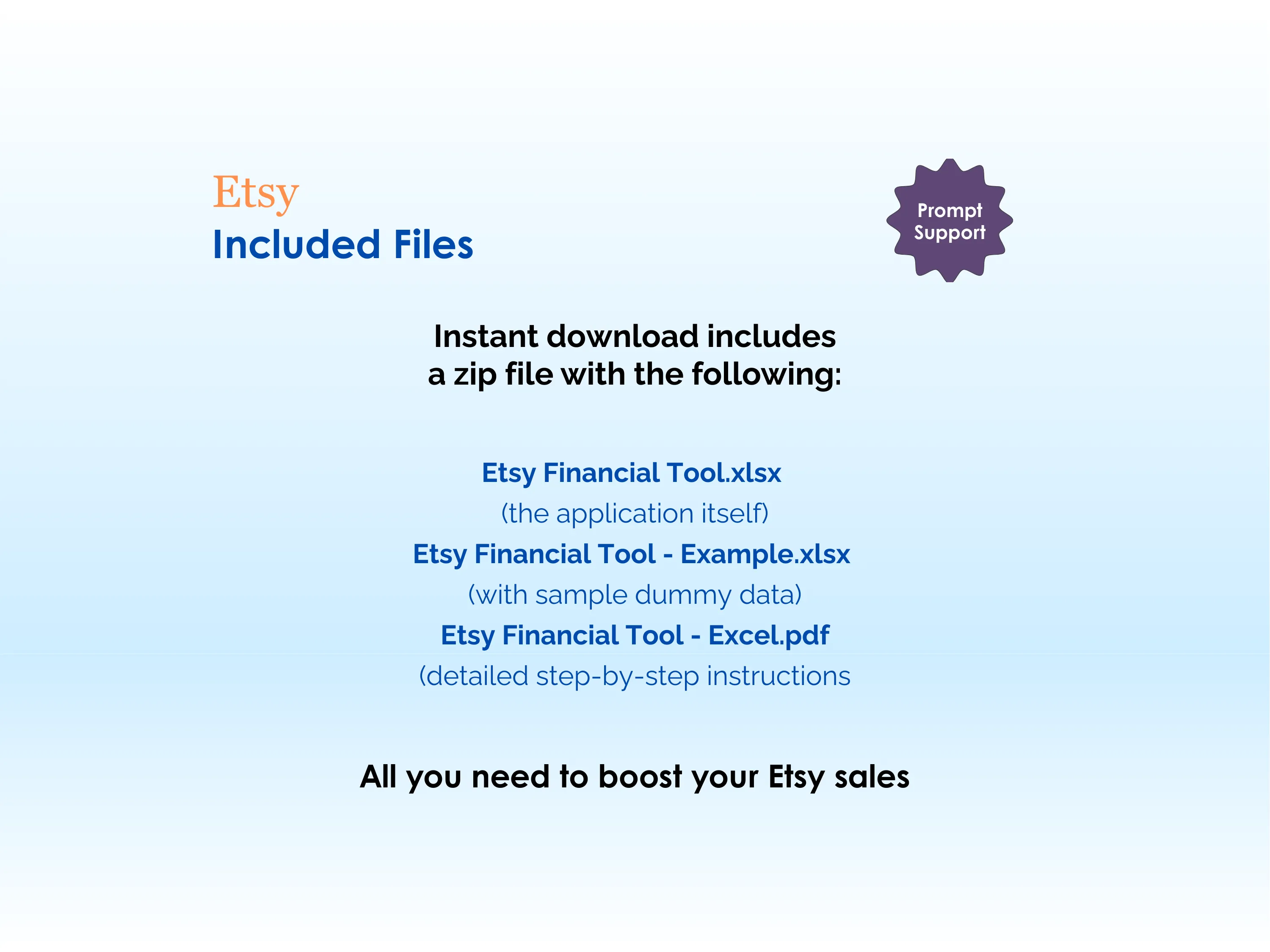 Etsy Financial Tool - Excel - Included Files - Instant download includes a zip file with - the application itself, application with sample dummy data, detailed step-by-step instructions