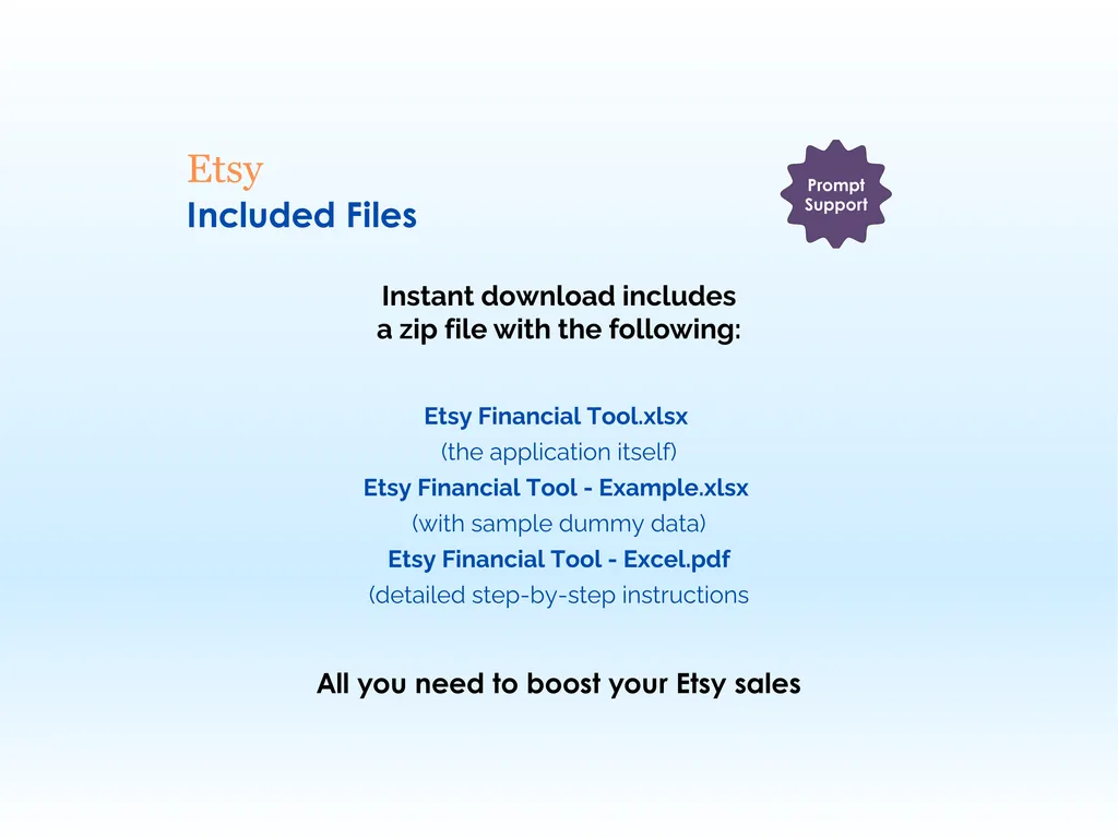 Etsy Financial Tool - Excel - Included Files - Instant download includes a zip file with - the application itself, application with sample dummy data, detailed step-by-step instructions