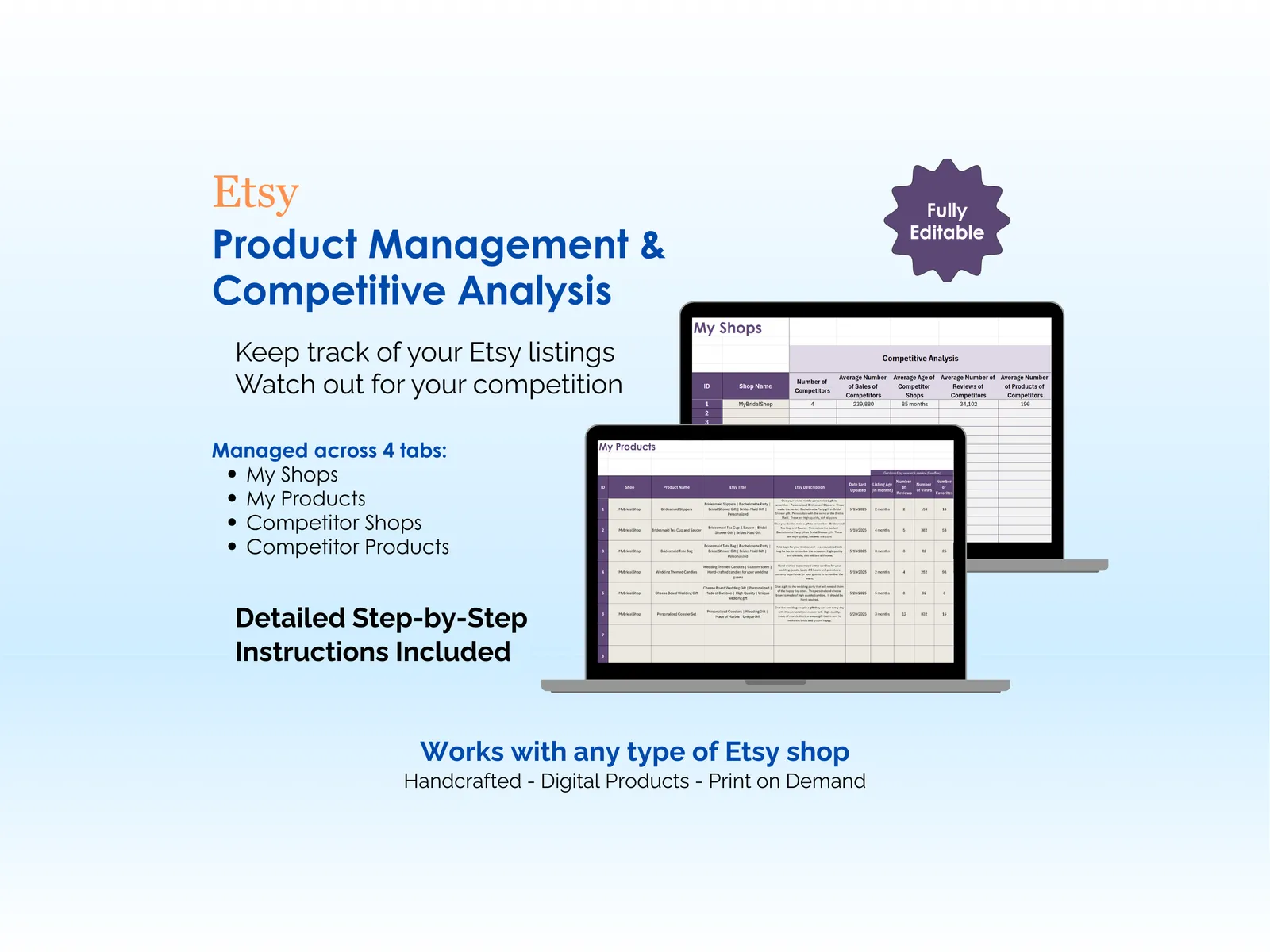 Etsy Financial Tool - Excel - Product Management and Competitive Analysis - Keep track of your Etsy Listings, Watch out for your competition, Works with any type of Etsy shop - Handcrafted, Digital Products, Print on Demand
