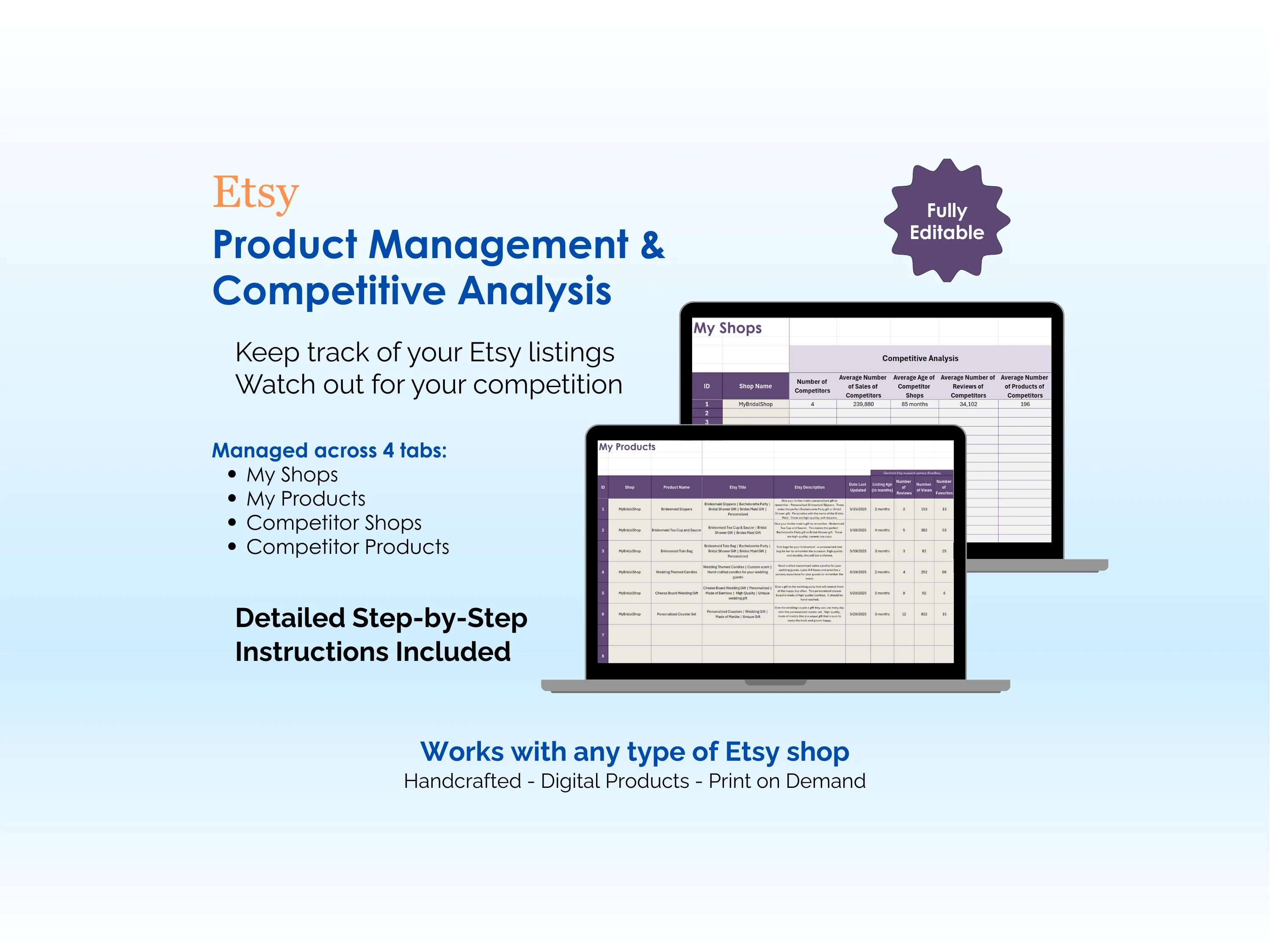 Etsy Financial Tool - Excel - Product Management and Competitive Analysis - Keep track of your Etsy Listings, Watch out for your competition, Works with any type of Etsy shop - Handcrafted, Digital Products, Print on Demand