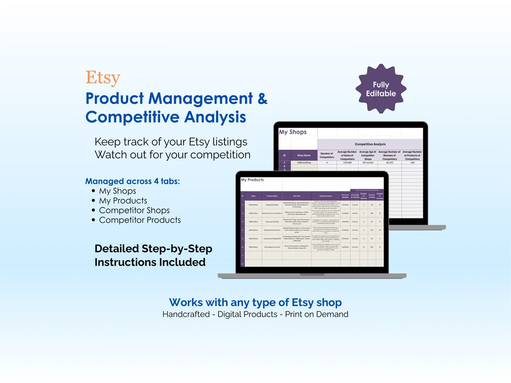 Etsy Financial Tool - Excel - Product Management and Competitive Analysis - Keep track of your Etsy Listings, Watch out for your competition, Works with any type of Etsy shop - Handcrafted, Digital Products, Print on Demand