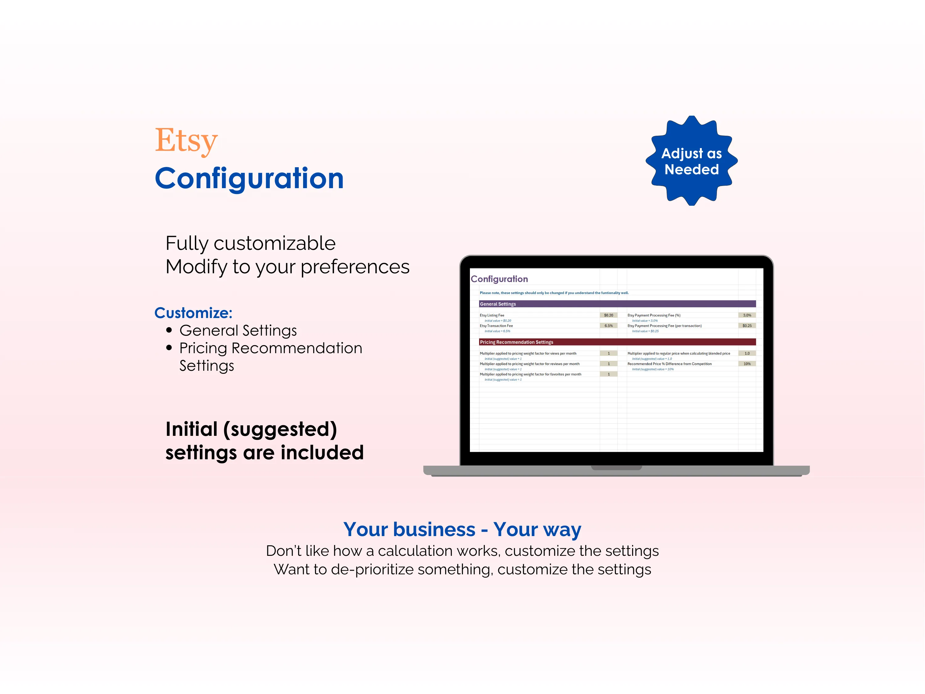 Etsy Pricing Tool - Excel - Configuration - Fully customizable, Modify to your preferences, Adjust as needed