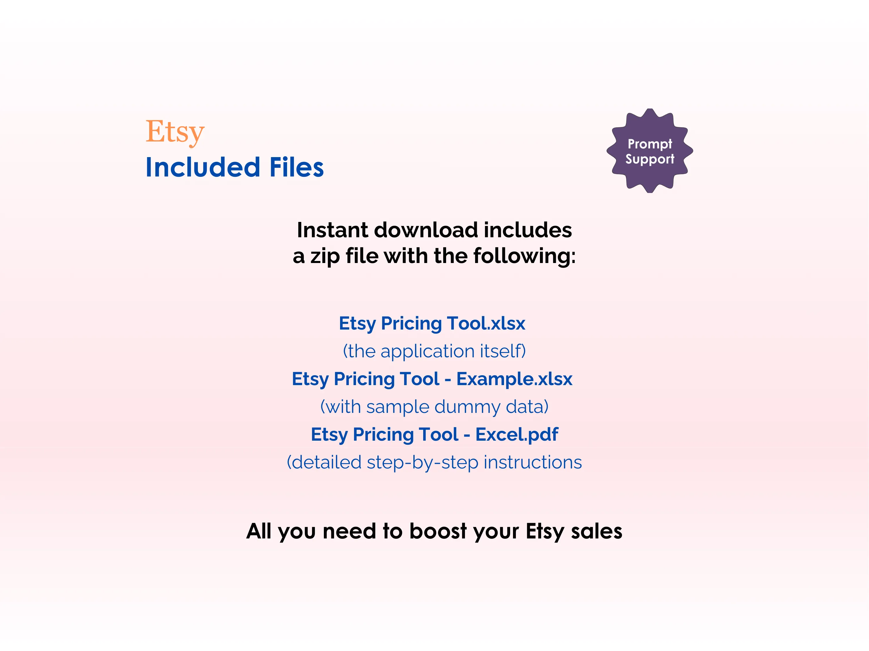 Etsy Pricing Tool - Excel - Included Files - Instant download includes a zip file with - the application itself, application with sample dummy data, detailed step-by-step instructions