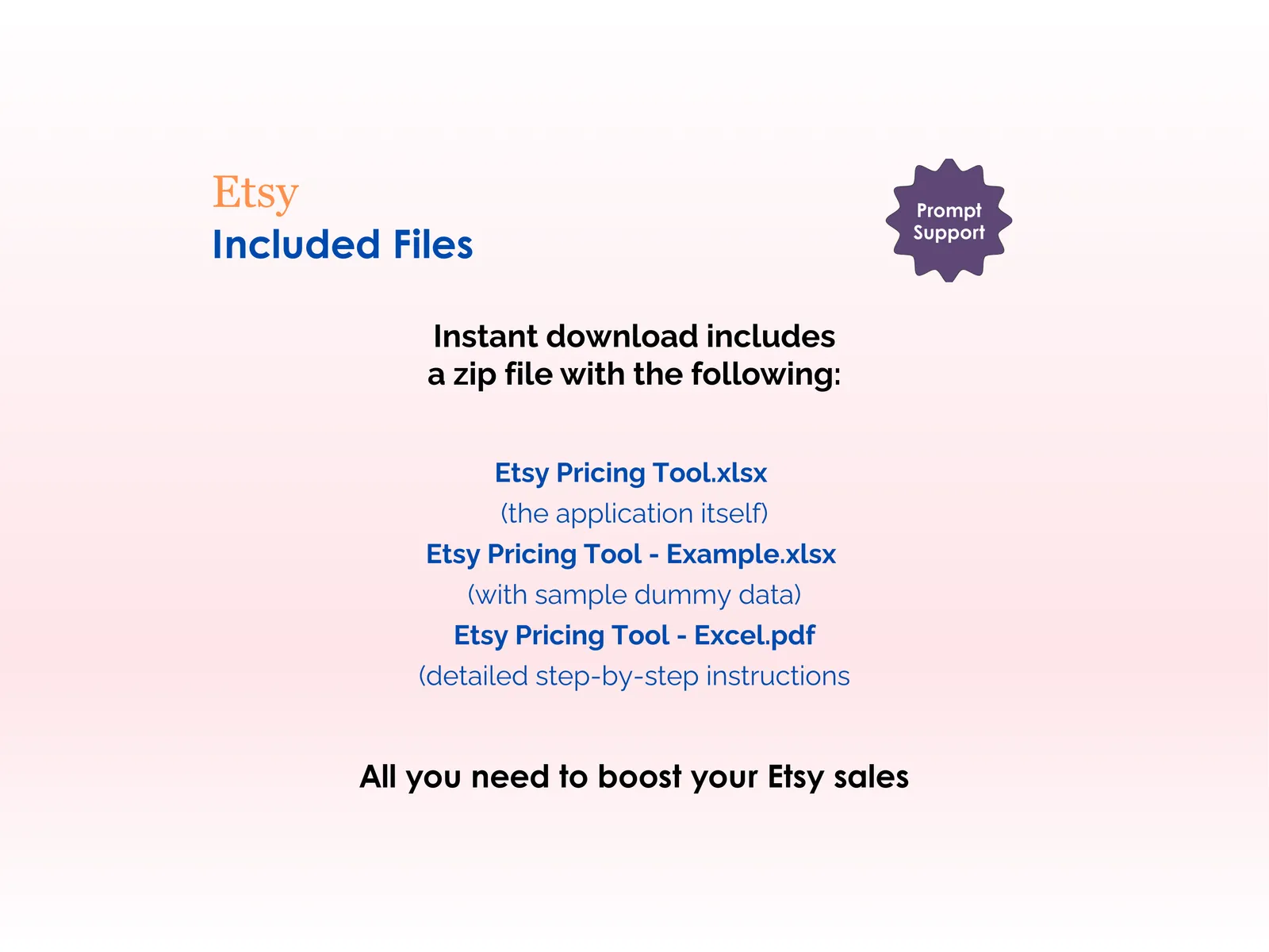 Etsy Pricing Tool - Excel - Included Files - Instant download includes a zip file with - the application itself, application with sample dummy data, detailed step-by-step instructions