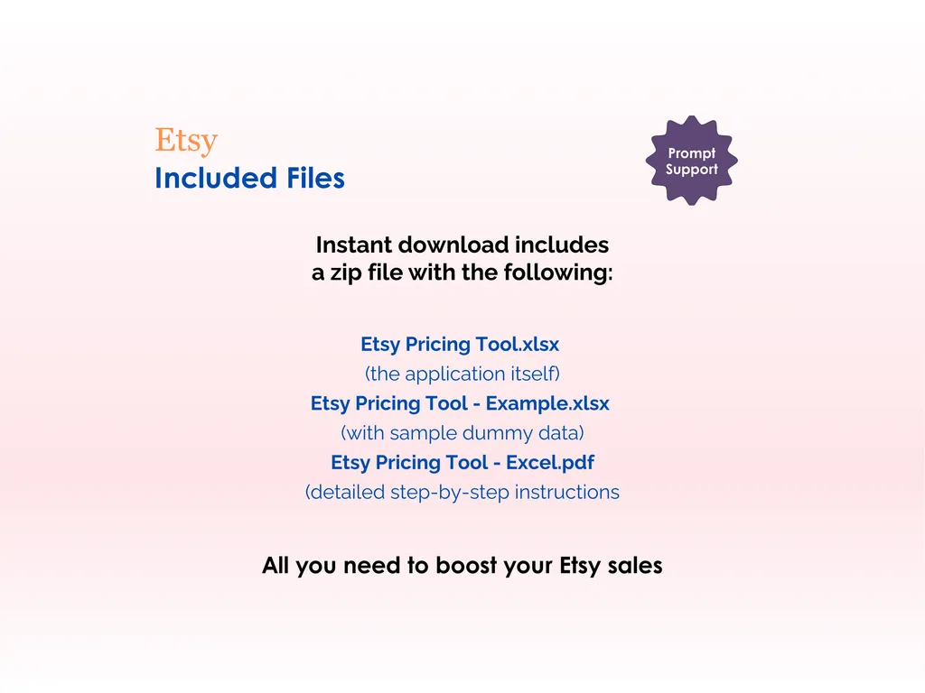 Etsy Pricing Tool - Excel - Included Files - Instant download includes a zip file with - the application itself, application with sample dummy data, detailed step-by-step instructions