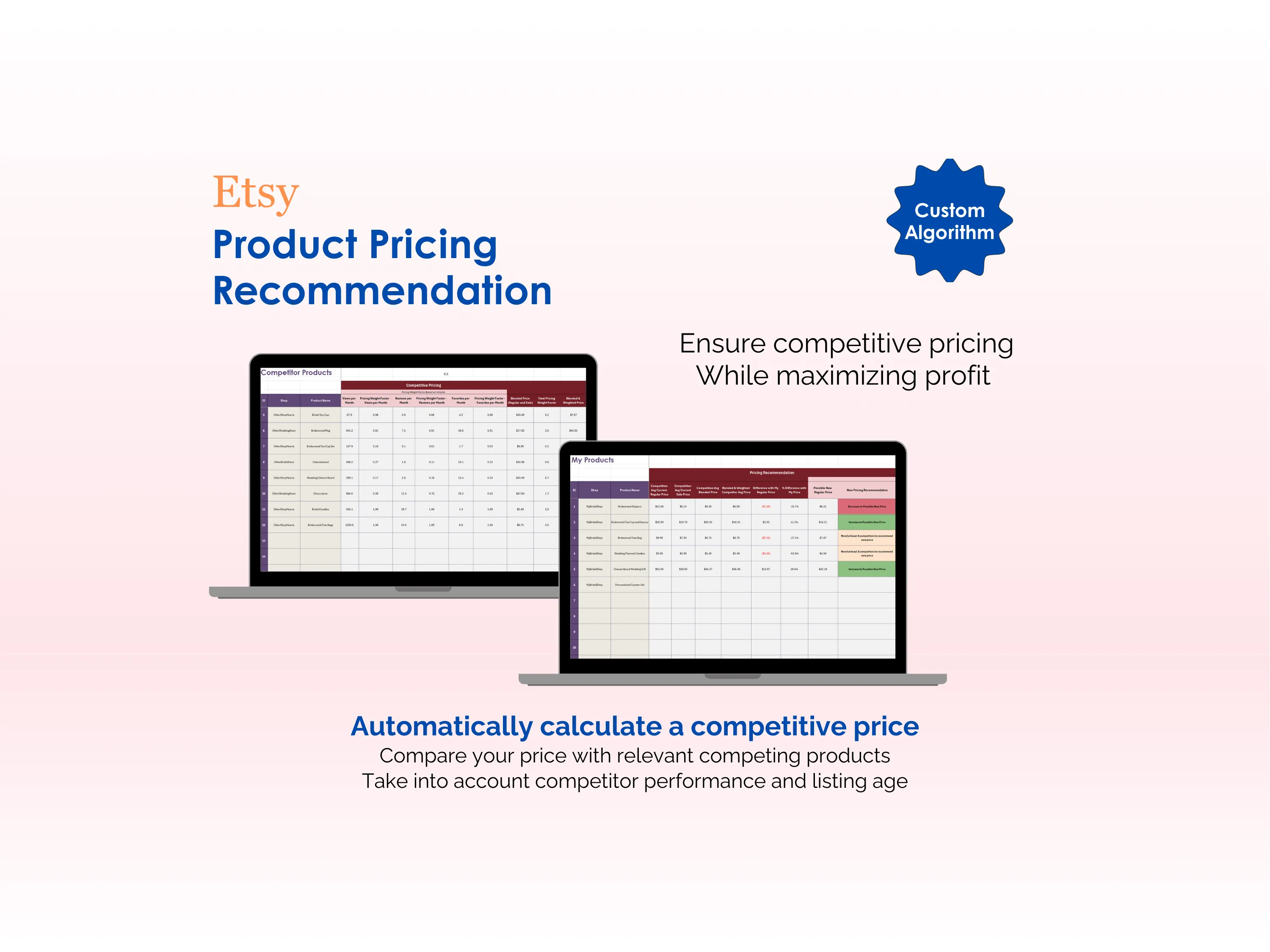 Etsy Pricing Tool - Excel - Product Pricing Recommendation - Ensure competitive pricing while maximizing profit, Automatically calculate a competitive price, Custom Algorithm