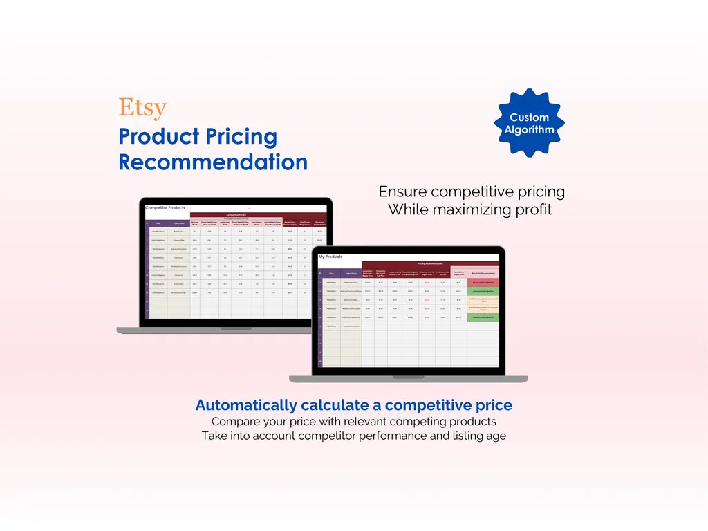 Etsy Pricing Tool - Excel - Product Pricing Recommendation - Ensure competitive pricing while maximizing profit, Automatically calculate a competitive price, Custom Algorithm