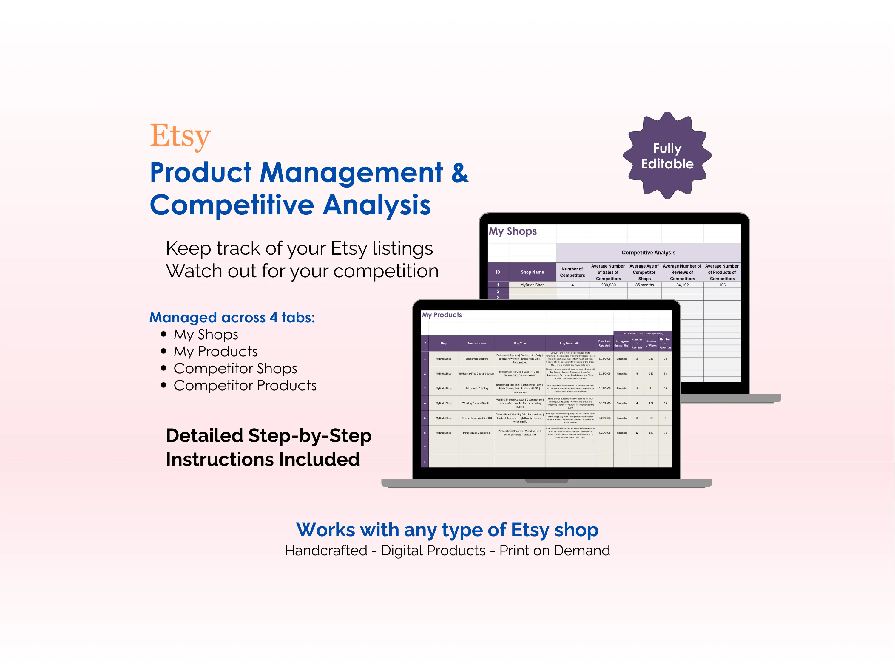 Etsy Pricing Tool - Excel - Product Management and Competitive Analysis - Keep track of your Etsy Listings, Watch out for your competition, Works with any type of Etsy shop - Handcrafted, Digital Products, Print on Demand