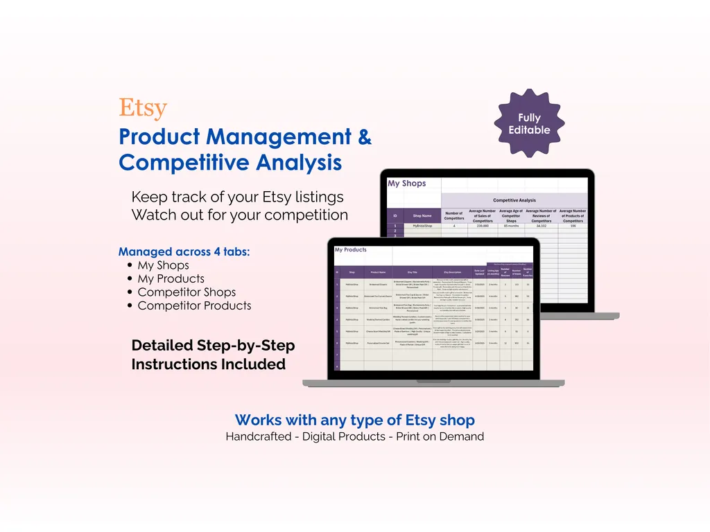 Etsy Pricing Tool - Excel - Product Management and Competitive Analysis - Keep track of your Etsy Listings, Watch out for your competition, Works with any type of Etsy shop - Handcrafted, Digital Products, Print on Demand
