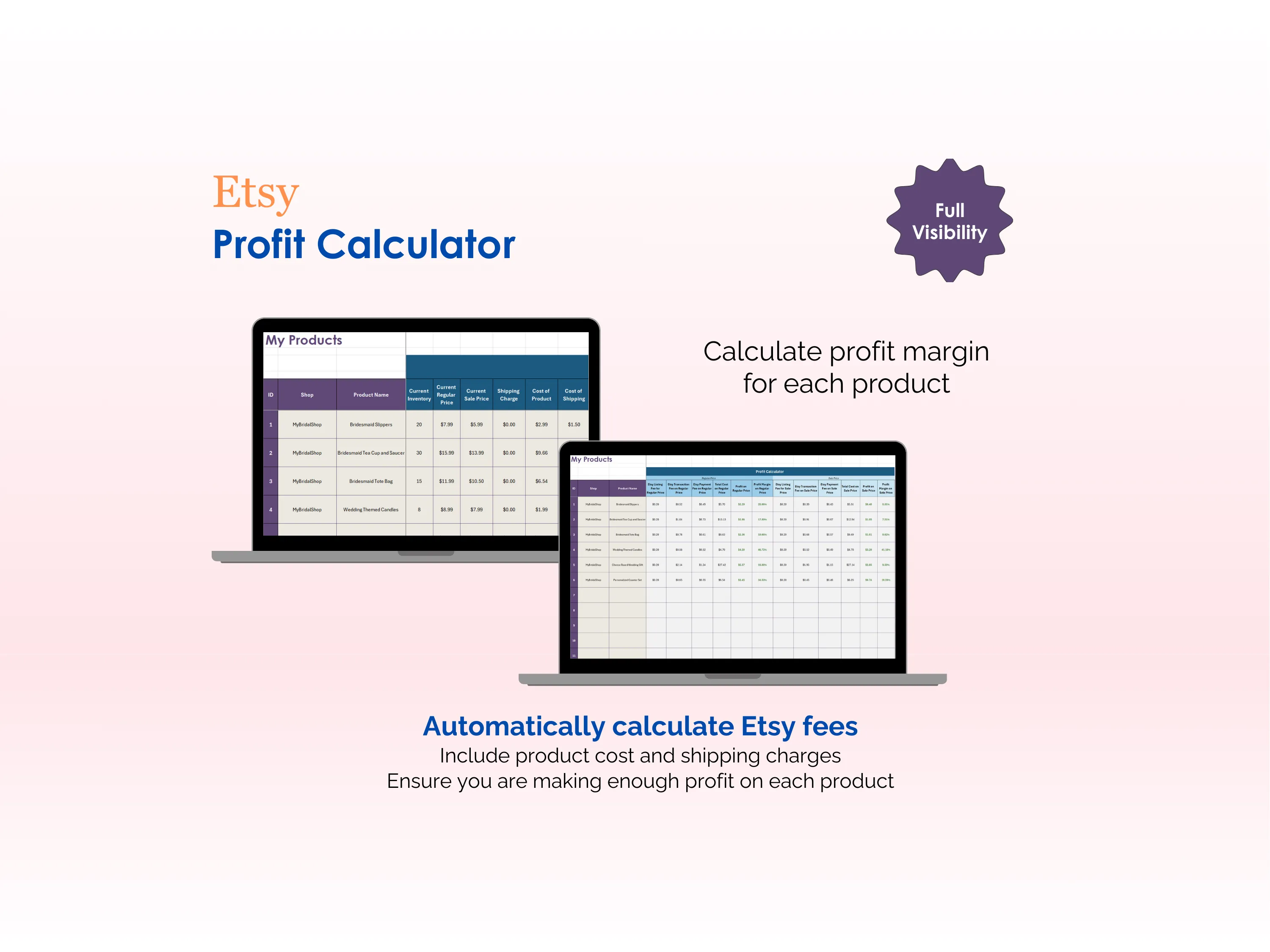 Etsy Pricing Tool - Excel - Profit Calculator - Calculate profit margin for each product, Automatically calculate Etsy fees