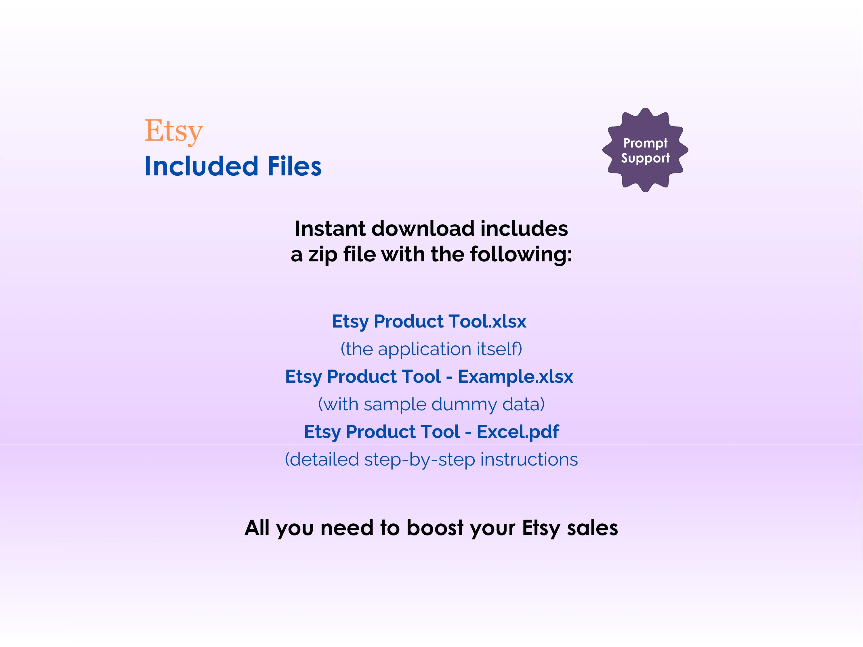 Etsy Product Tool - Excel - Included Files - Instant download includes a zip file with - the application itself, application with sample dummy data, detailed step-by-step instructions