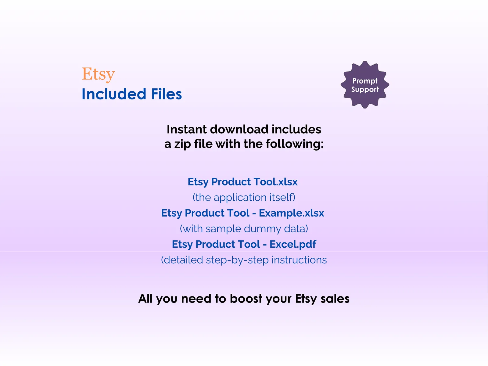 Etsy Product Tool - Excel - Included Files - Instant download includes a zip file with - the application itself, application with sample dummy data, detailed step-by-step instructions