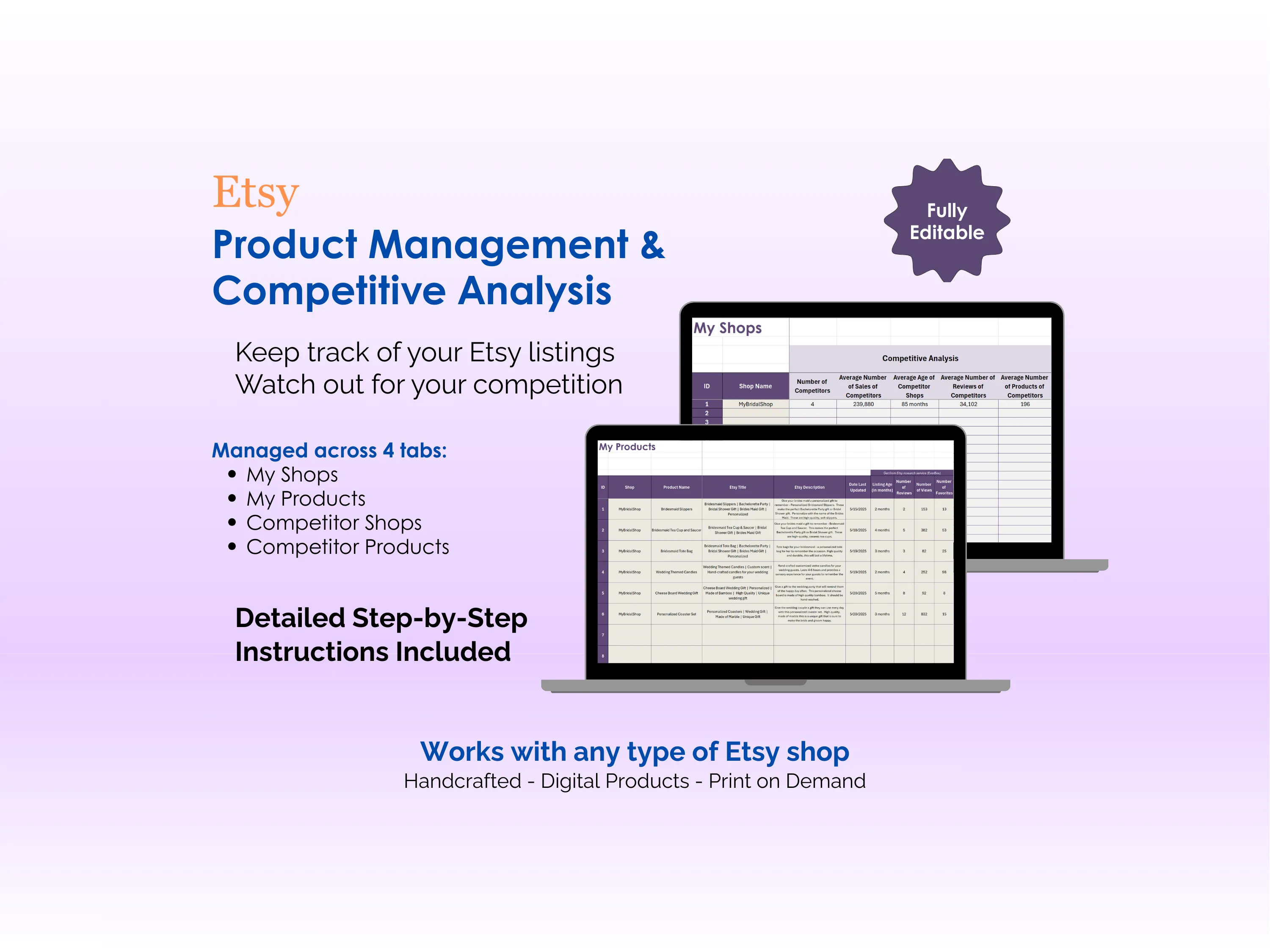 Etsy Product Tool - Excel - Product Management and Competitive Analysis - Keep track of your Etsy Listings, Watch out for your competition, Works with any type of Etsy shop - Handcrafted, Digital Products, Print on Demand