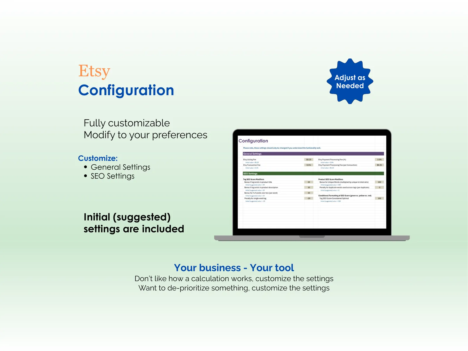 Etsy SEO Tool - Excel - Configuration - Fully customizable, Modify to your preferences, Adjust as needed