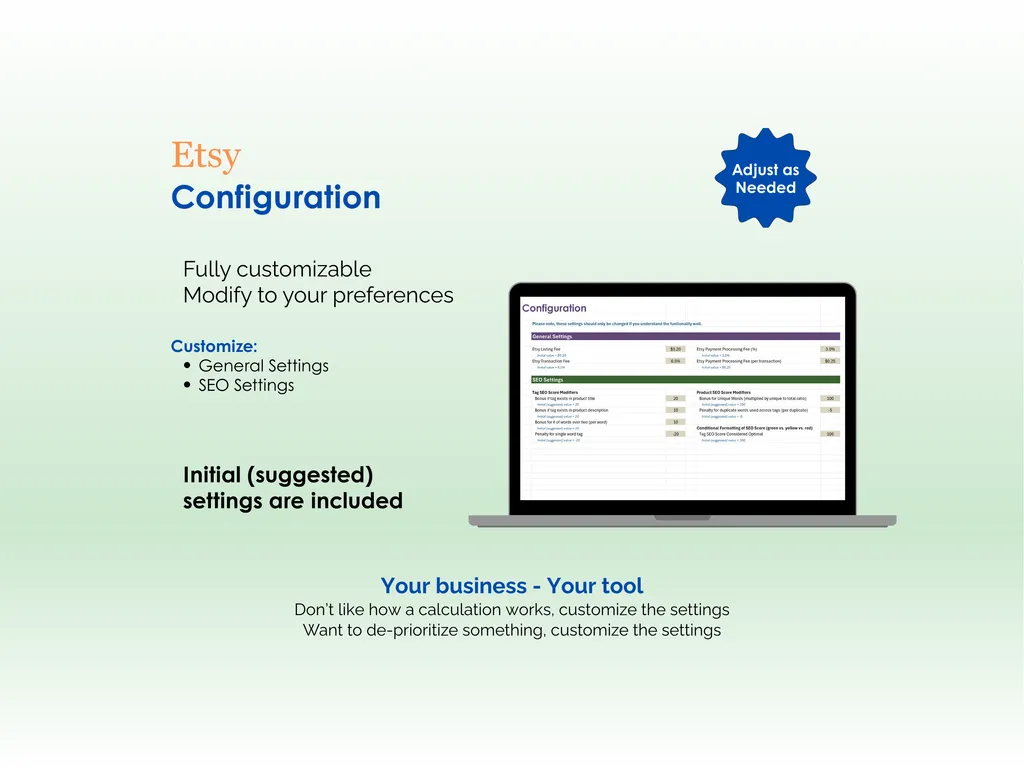 Etsy SEO Tool - Excel - Configuration - Fully customizable, Modify to your preferences, Adjust as needed