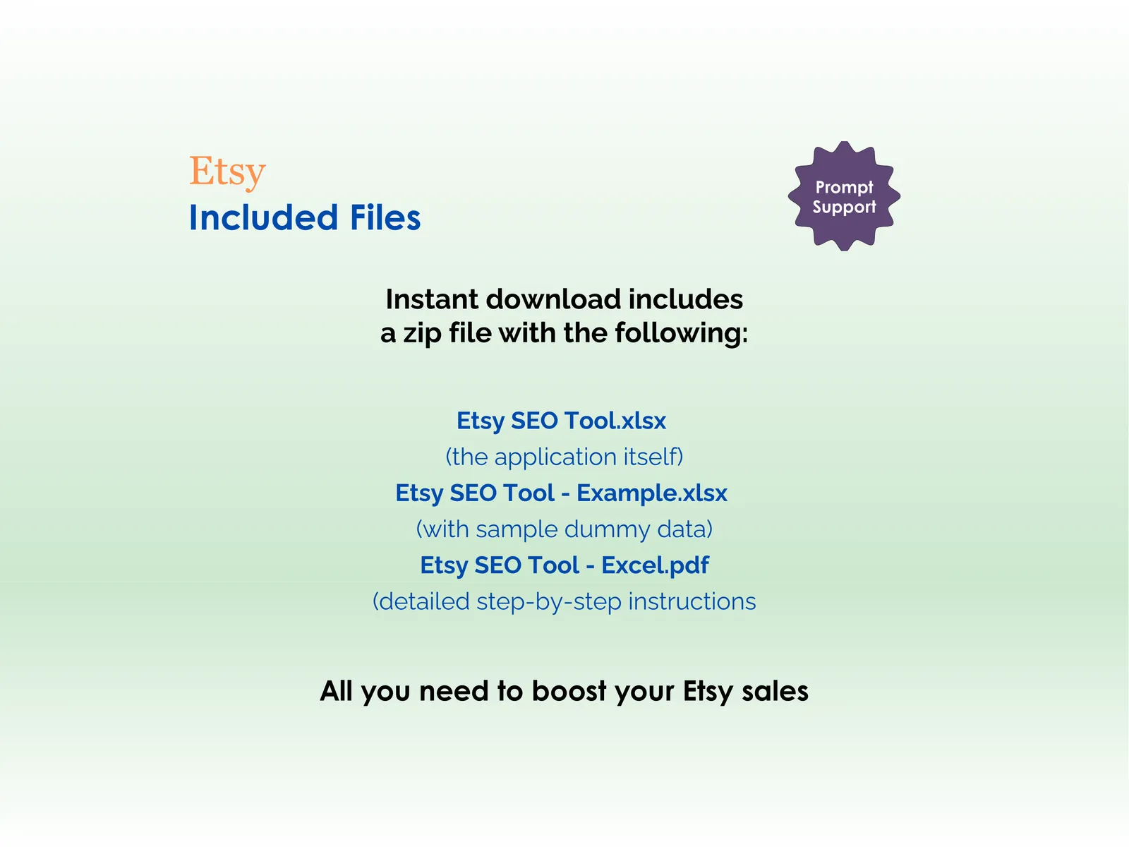 Etsy SEO Tool - Excel - Included Files - Instant download includes a zip file with - the application itself, application with sample dummy data, detailed step-by-step instructions