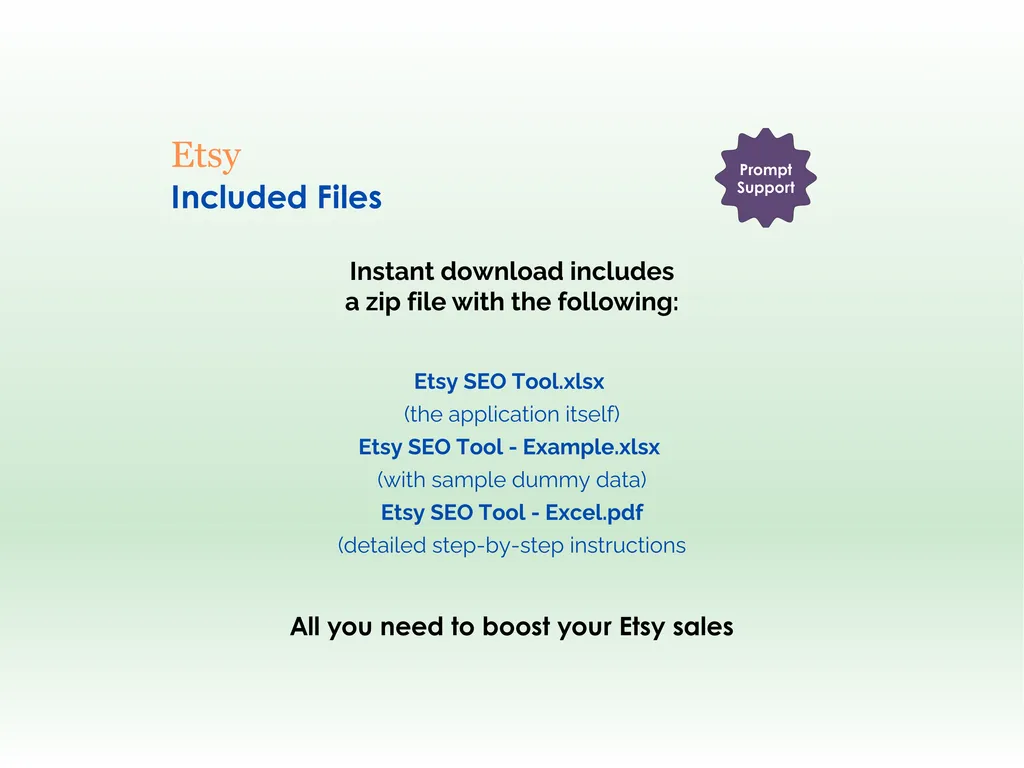 Etsy SEO Tool - Excel - Included Files - Instant download includes a zip file with - the application itself, application with sample dummy data, detailed step-by-step instructions