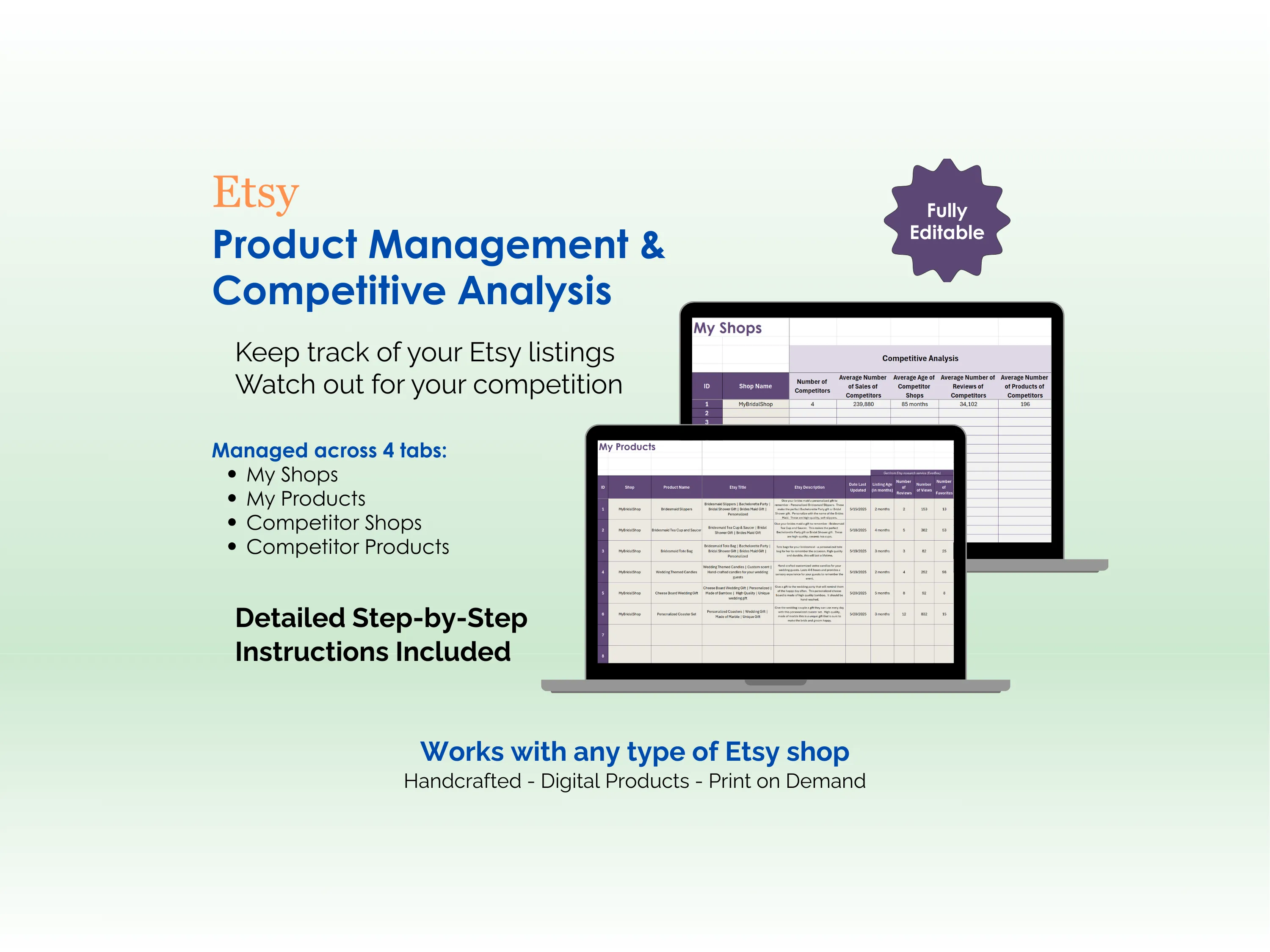 Etsy SEO Tool - Excel - Product Management and Competitive Analysis - Keep track of your Etsy Listings, Watch out for your competition, Works with any type of Etsy shop - Handcrafted, Digital Products, Print on Demand