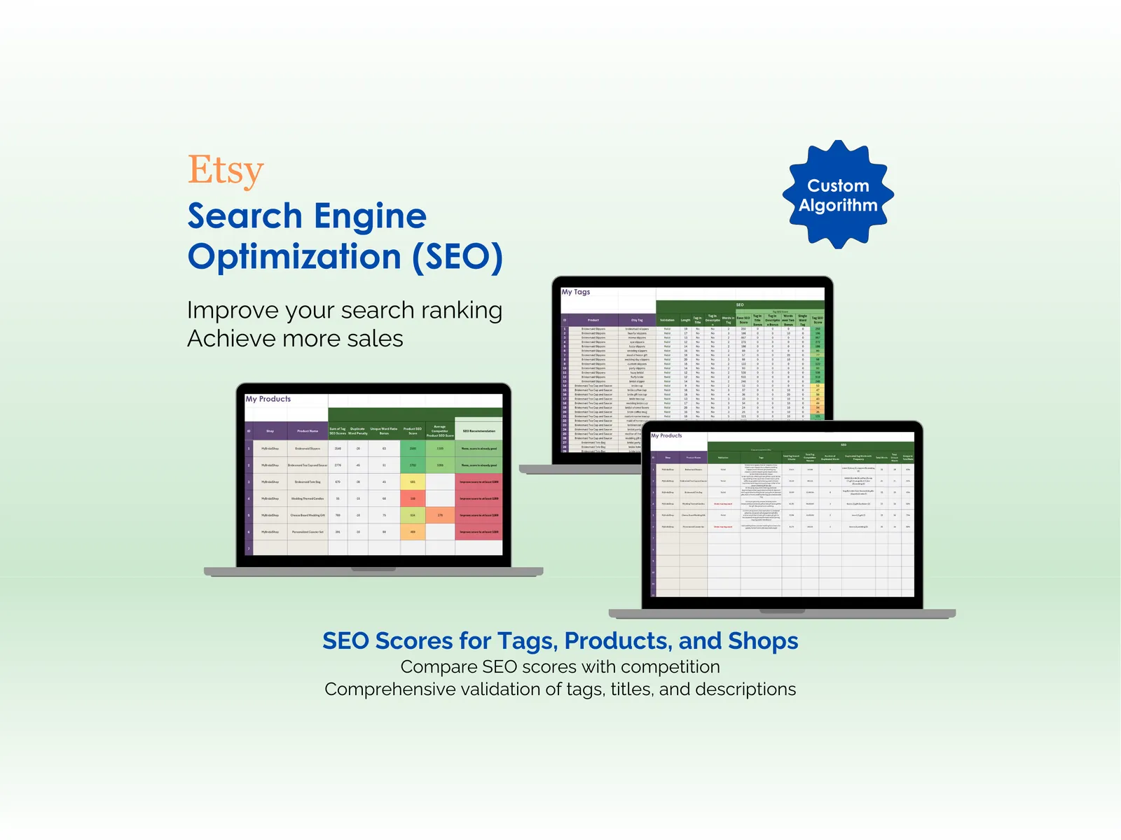 Etsy SEO Tool - Excel - Search Engine Optimization (SEO) - Improve your search ranking, Achieve more sales, SEO Scores for Tags, Products, and Shops, Custom Algorithm