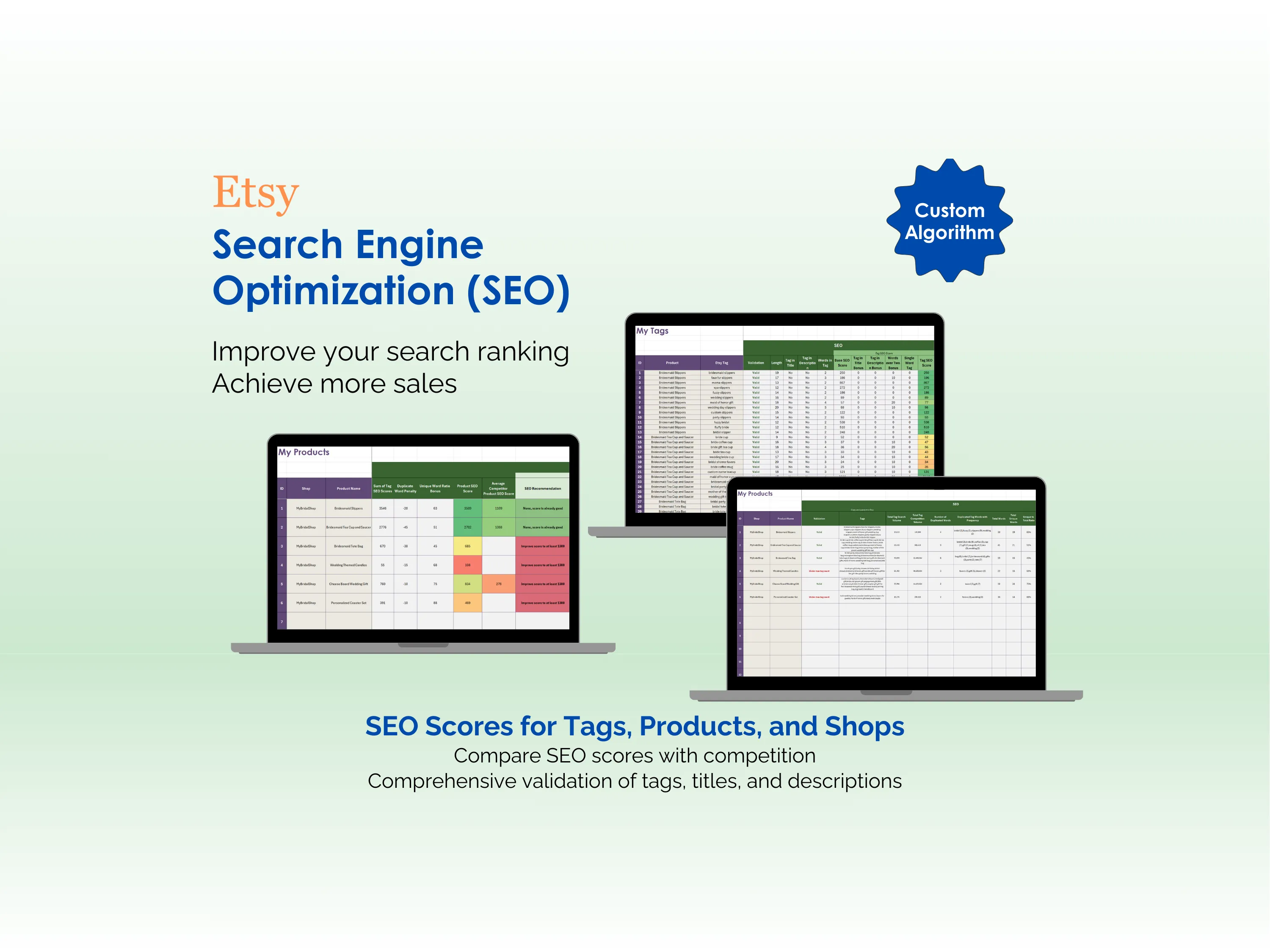 Etsy SEO Tool - Excel - Search Engine Optimization (SEO) - Improve your search ranking, Achieve more sales, SEO Scores for Tags, Products, and Shops, Custom Algorithm