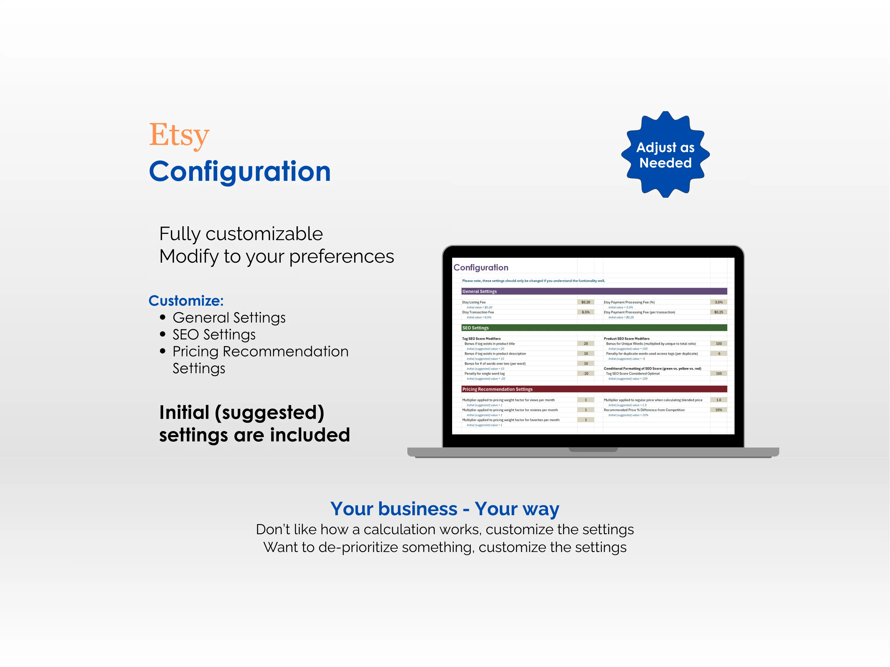 Etsy Seller Toolkit - Excel - Configuration - Fully customizable, Modify to your preferences, Adjust as needed