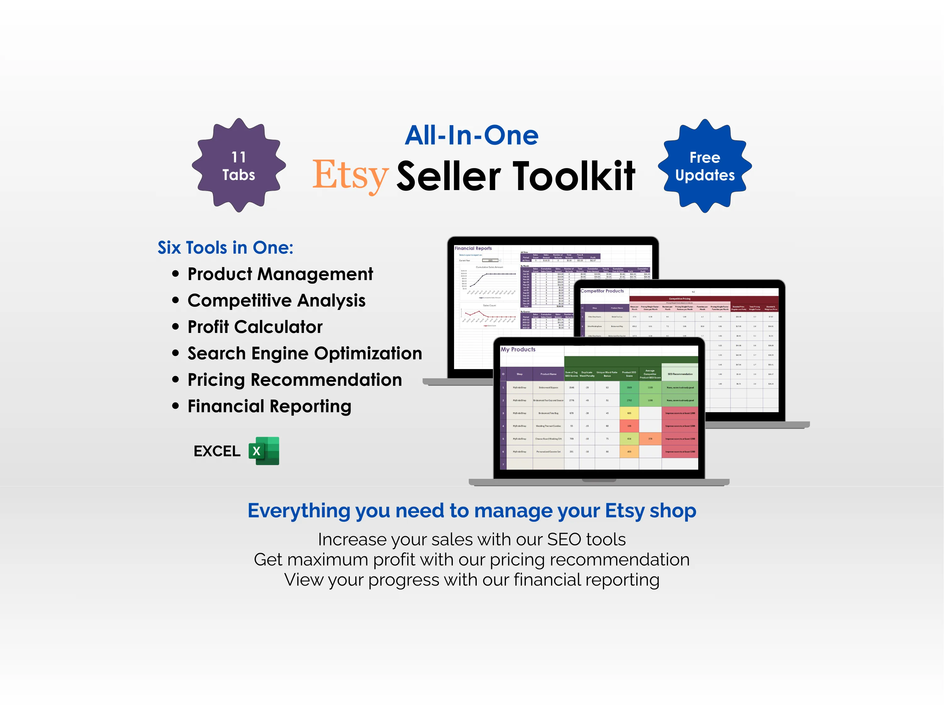 Etsy Seller Toolkit - Excel - Product Management, Competitive Analysis, Profit Calculator, Search Engine Optimization (SEO), Pricing Recommendation, Financial Reporting