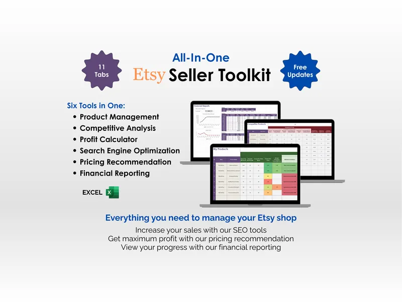Etsy Seller Toolkit - Excel - Product Management, Competitive Analysis, Profit Calculator, Search Engine Optimization (SEO), Pricing Recommendation, Financial Reporting