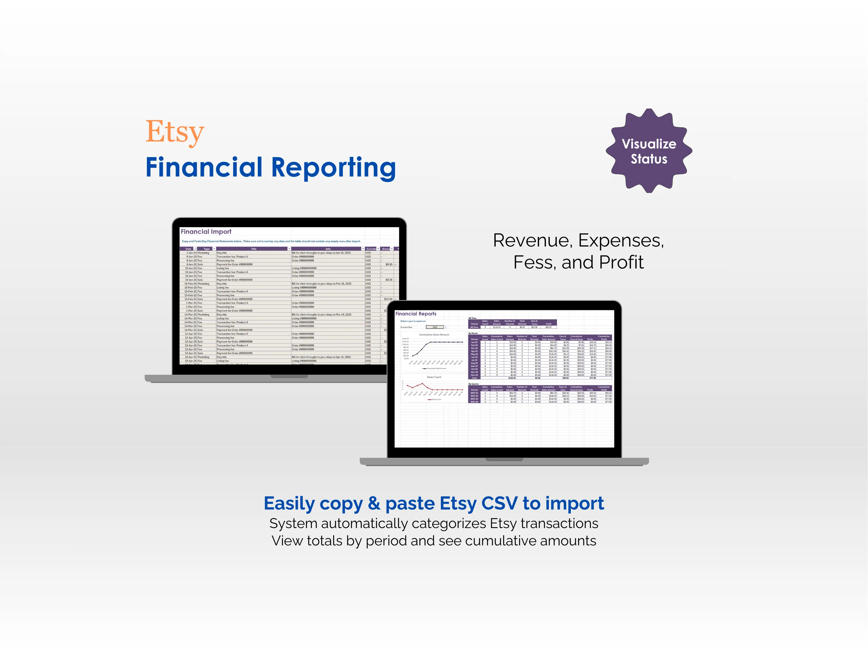 Etsy Seller Toolkit - Excel - Financial Reporting - Revenue, Expenses, Fees, and Profit - Easily copy and paste Etsy CSV to import