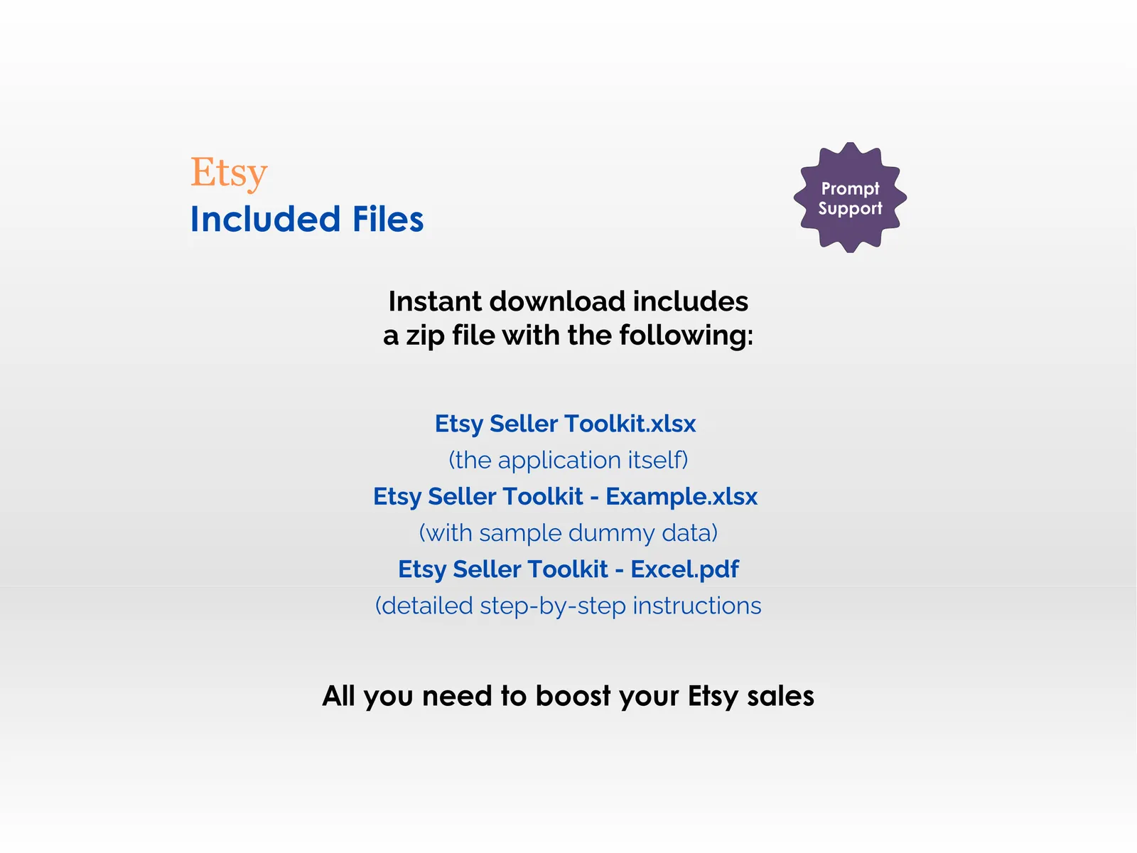 Etsy Seller Toolkit - Excel - Included Files - Instant download includes a zip file with - the application itself, application with sample dummy data, detailed step-by-step instructions