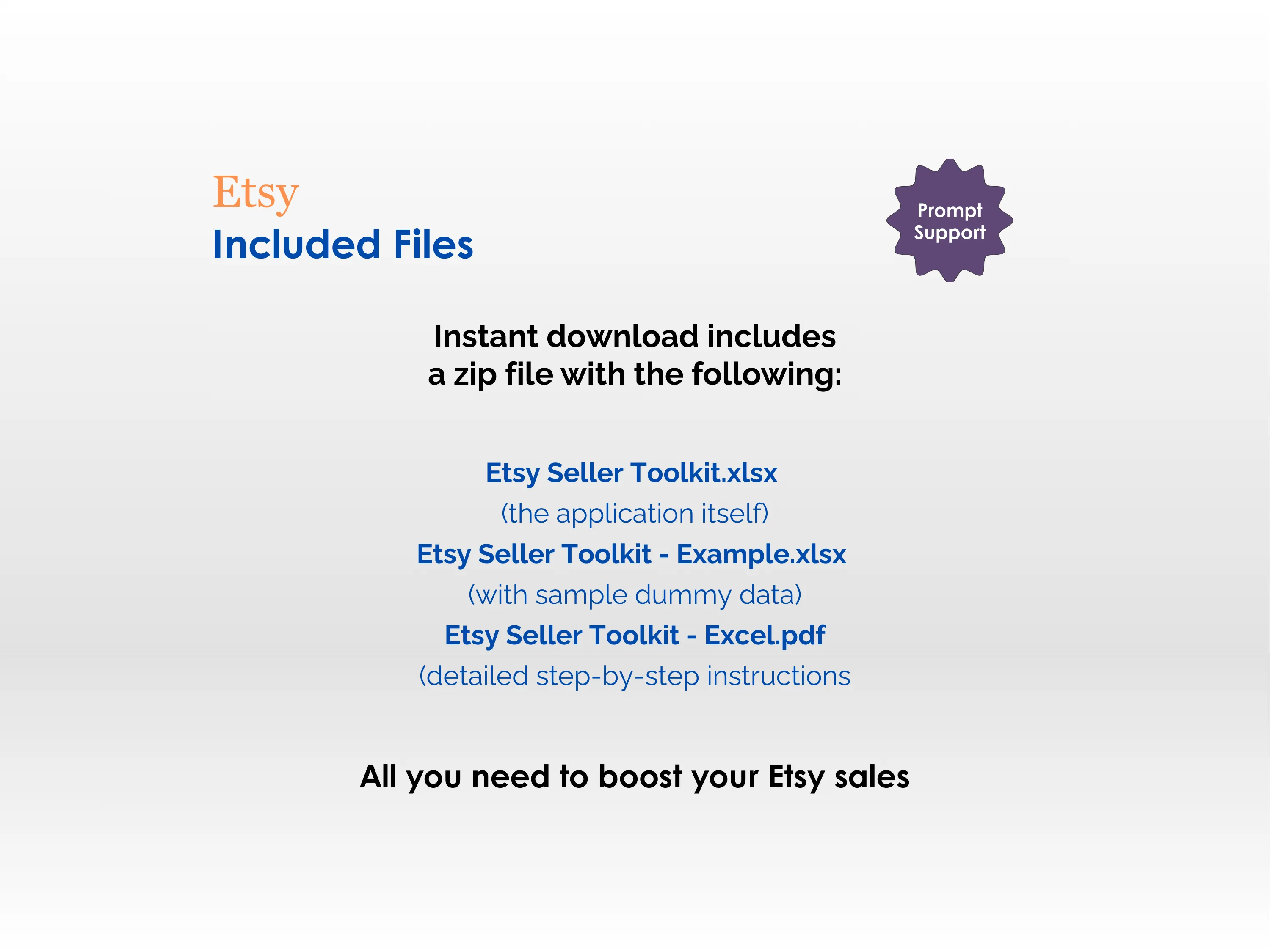 Etsy Seller Toolkit - Excel - Included Files - Instant download includes a zip file with - the application itself, application with sample dummy data, detailed step-by-step instructions