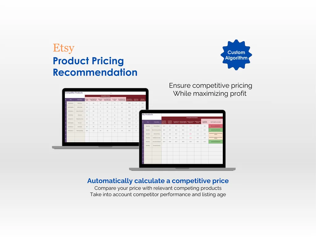 Etsy Seller Toolkit - Excel - Product Pricing Recommendation - Ensure competitive pricing while maximizing profit, Automatically calculate a competitive price, Custom Algorithm