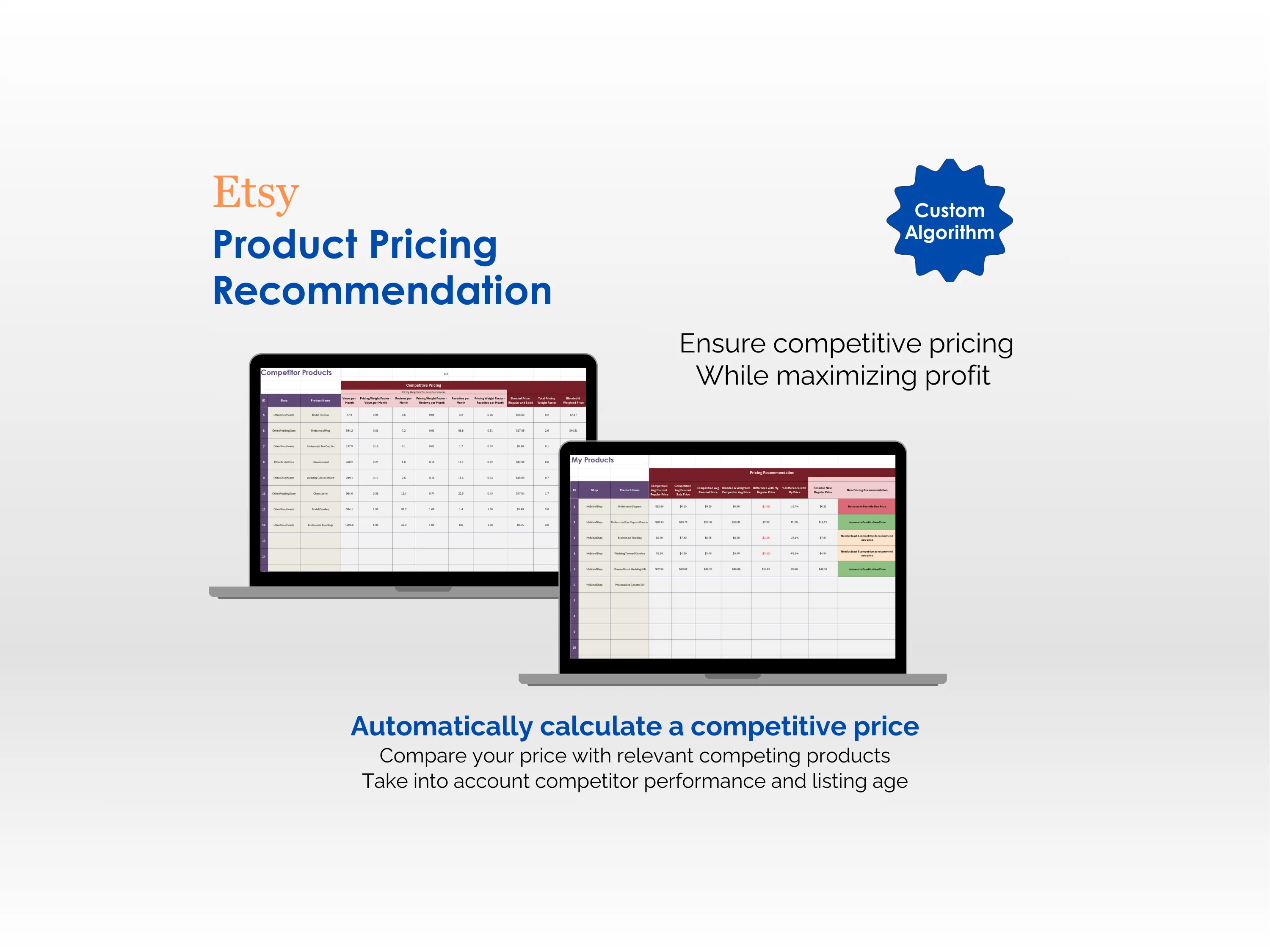 Etsy Seller Toolkit - Excel - Product Pricing Recommendation - Ensure competitive pricing while maximizing profit, Automatically calculate a competitive price, Custom Algorithm